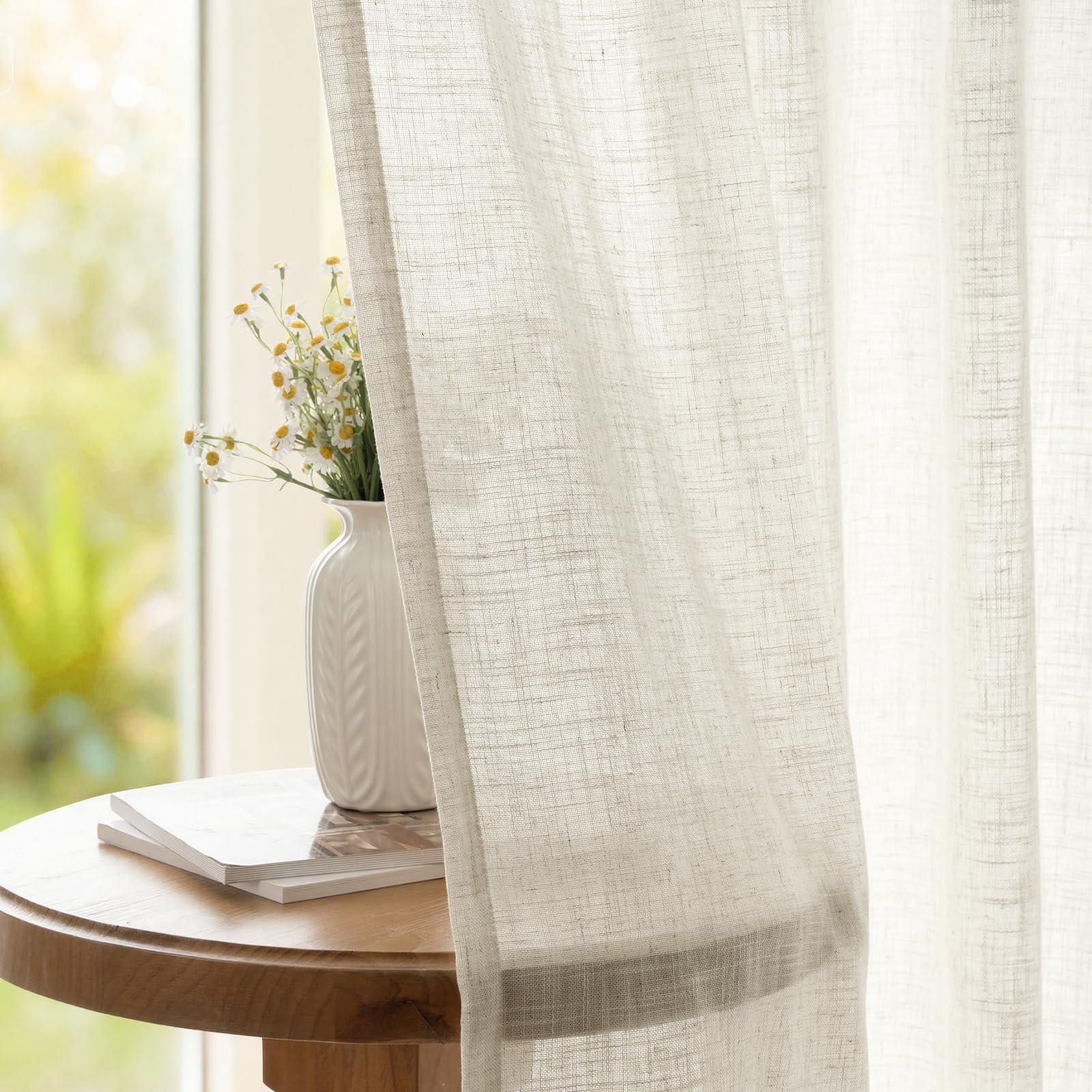 INOVADAY Rideaux Effet Lin Semi-Transparents 140x245 cm Lot de 2,Naturel | Rideau Galon Fronceur pour Salon Chambre, Lumière Douce, Intimité Préservée, Aspect lin naturel, Lavable, Suspension Flexible