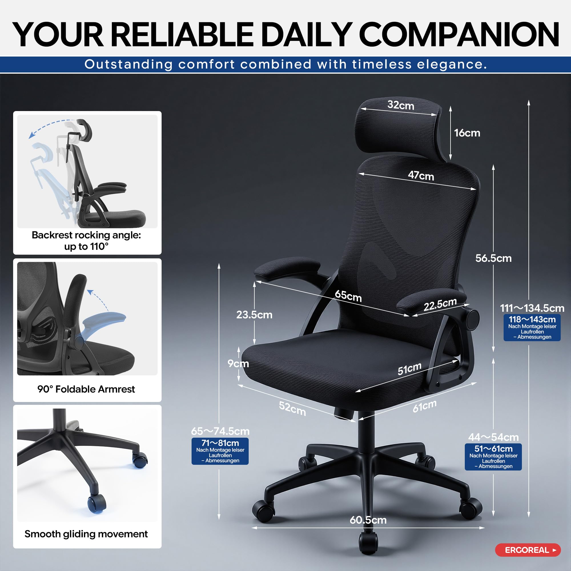 Ergonomischer Mesh-Bürostuhl mit Lendenstütze 2D-Kopfstütze klappbare Armlehnen PU-Rollen Gasfeder Klasse 3 bis 150 kg Schwarz