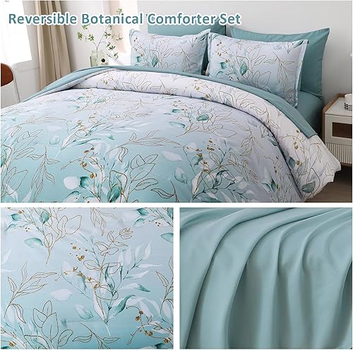 Miniatura 3 de WONGS BEDDING Juego de edredón Aqua tamaño King, 7 piezas Aqua Botanical Bed in a Bag Edredón completo de hojas doradas degradadas para todas las