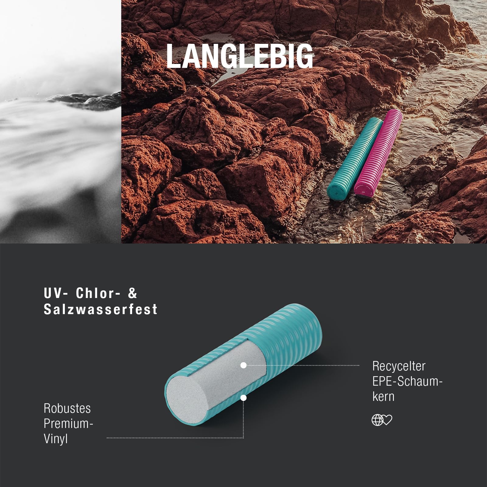 MESLE Premium Schwimmnudel Al Dente 150N hoher Auftrieb – Poolnudel, Wassernudel & Badenudel | Unsinkbar, weich & langlebig | Schwimmhilfe für Erwachsene & Kinder, ideal für Aqua Fitness