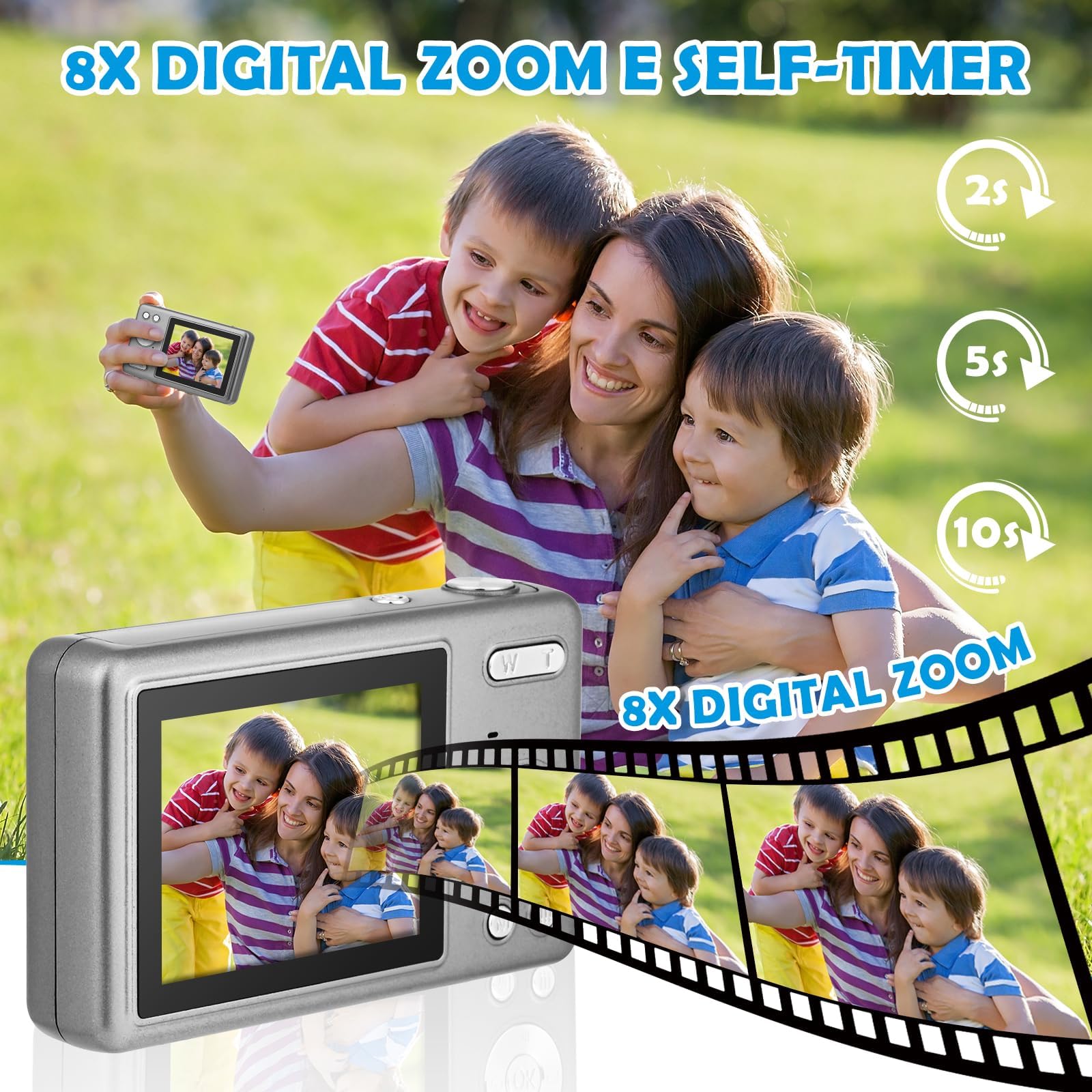 Appareil Photo Numérique, Appareil Photo Compact HD 1080P avec Carte de 64 Go, 40MP Appareil Photo 8X Zoom Numérique Rechargeable Appareil Photo Numérique pour Enfants, Débutants (Gris foncé)