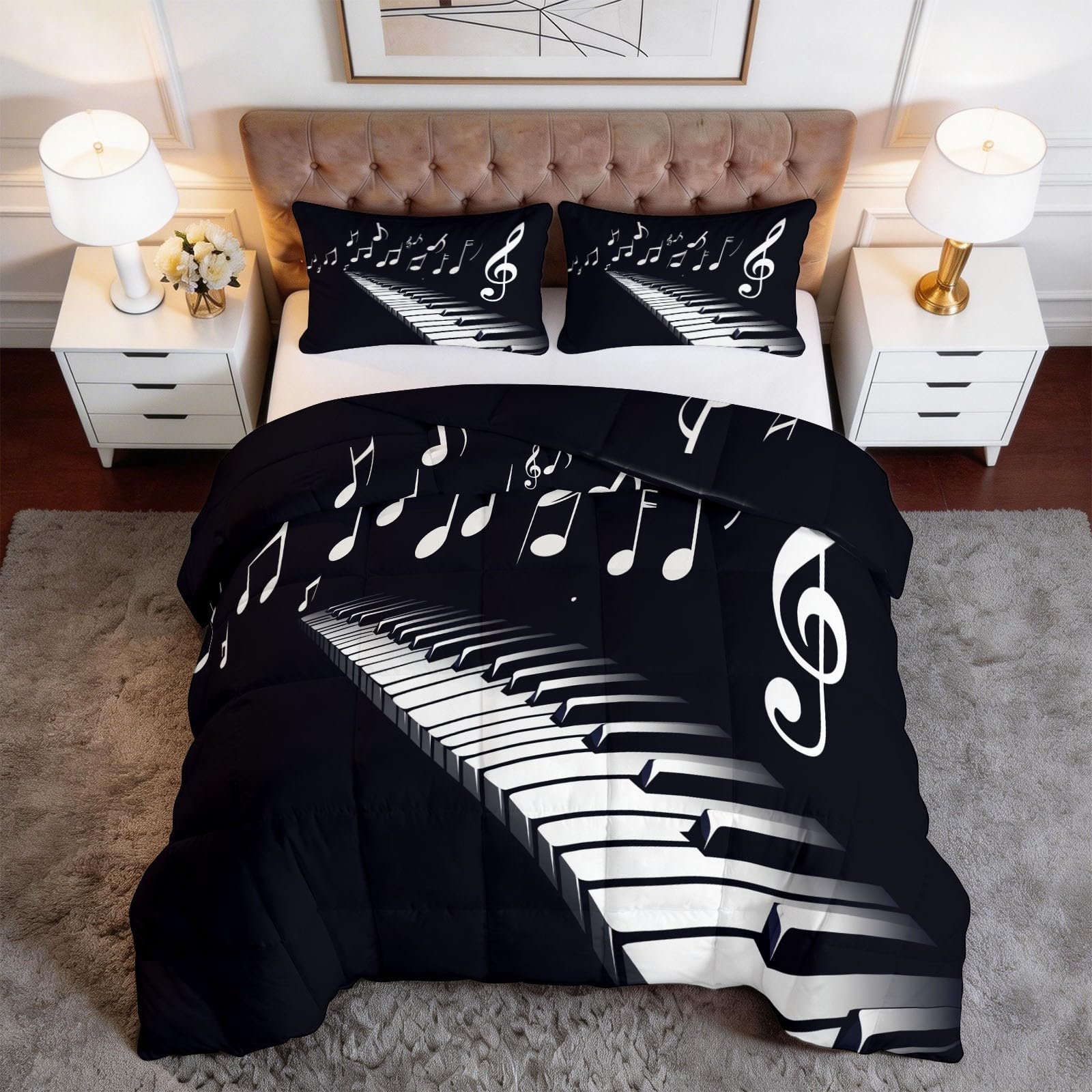 Generico Musica Pianoforte Note Musicali Trapunta Invernale Matrimoniale Imbottita in Morbida Microfibra, Piumone Letto Autunno Inverno Traspirante Anallergico Fantasia 2 Piazze, 220 x 240 cm, Nero