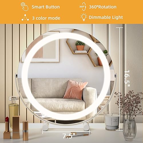 Miniatura 2 de Anbuy Espejo de tocador de 16 pulgadas con luces, 3 modos de iluminación de color, rotación de 360°, moderno espejo redondo sin marco para mesa de