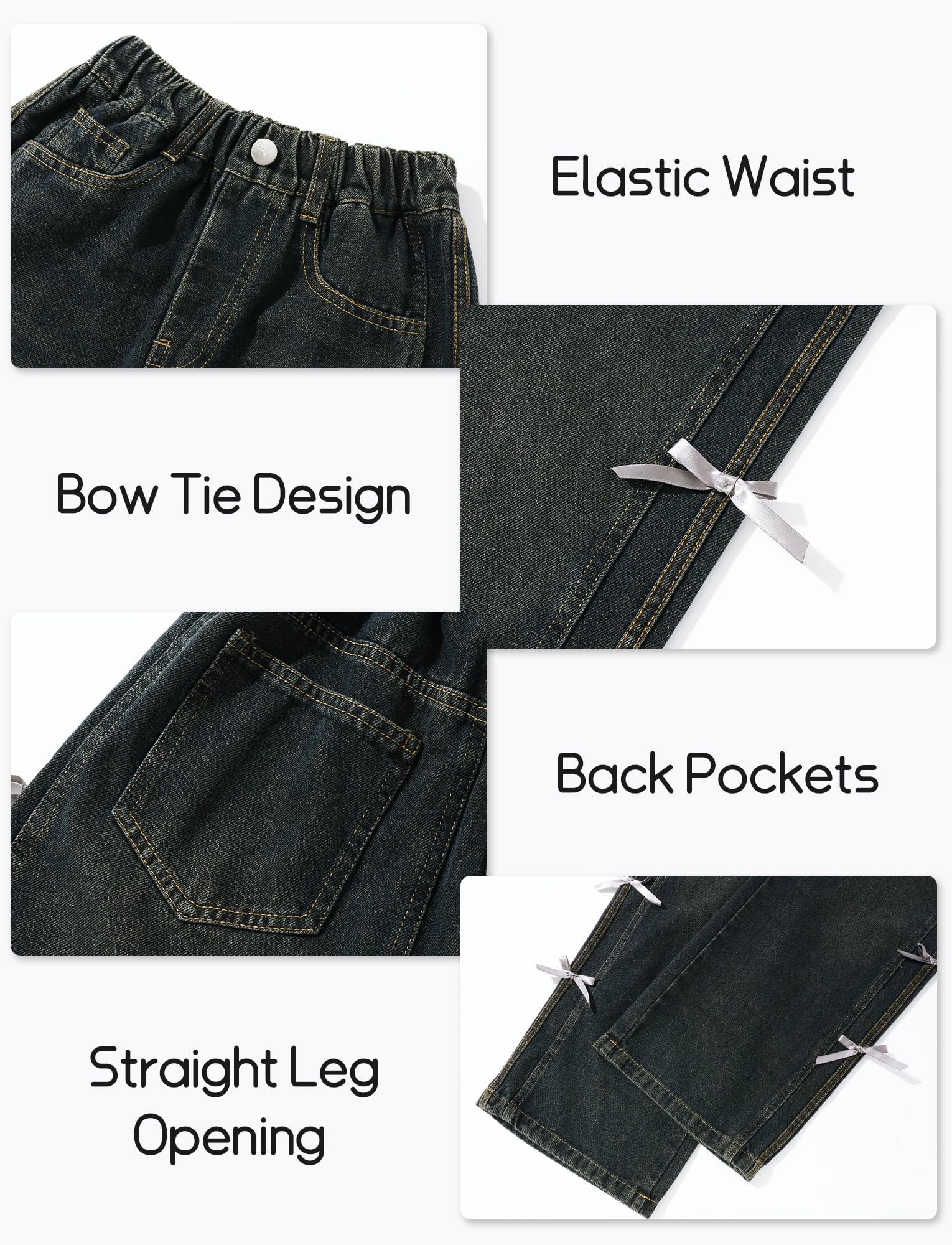 FEOYA Jean Fille Baggy Noeud Denim Élastique Stretch Style Coréen 5-13 Ans