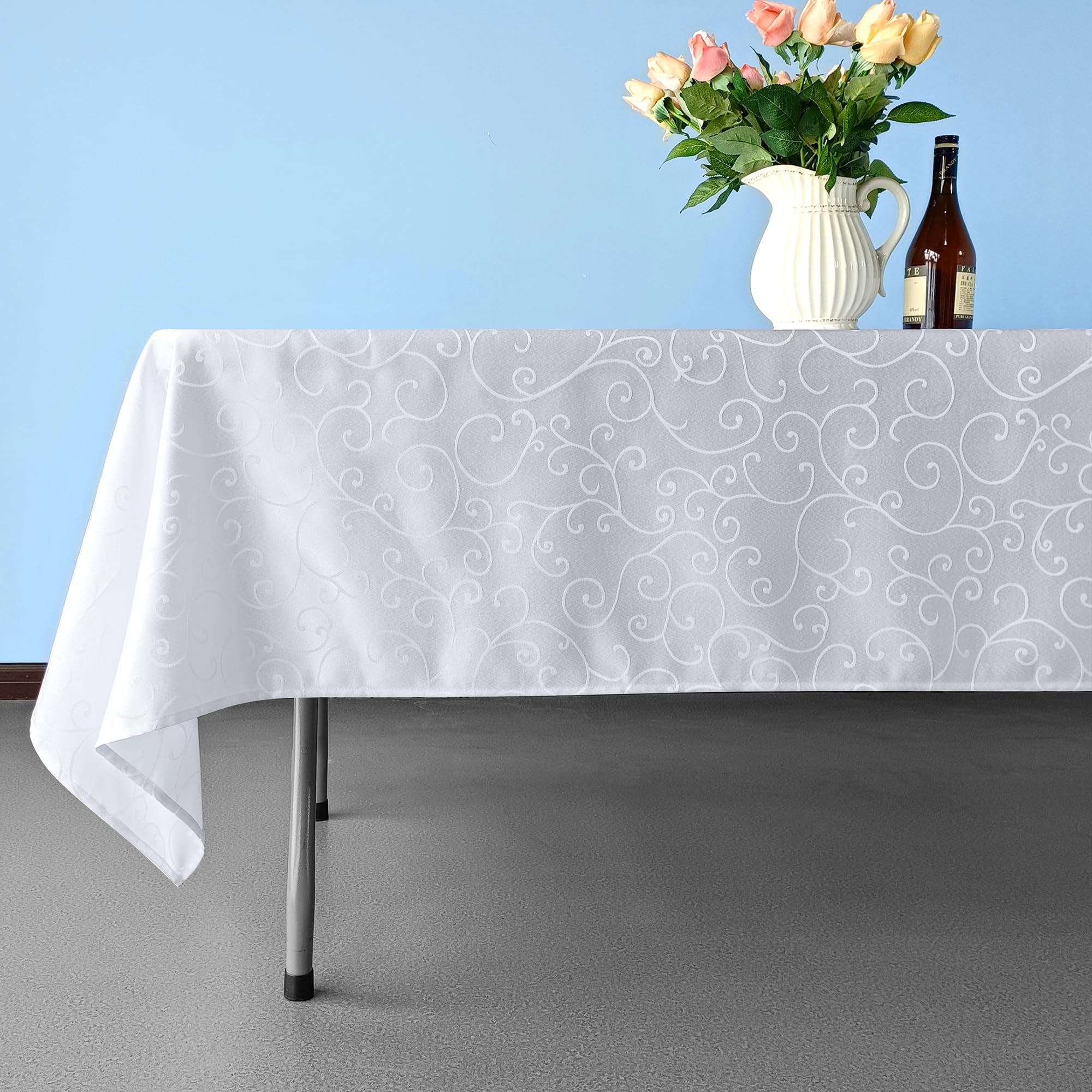 WedDecor 5 manteles rectangulares de damasco con patrón de remolinos de ramas superpuestas, mantel de lino de poliéster sin costuras, mantel de comedor para restaurante, 90 x 156 pulgadas, color