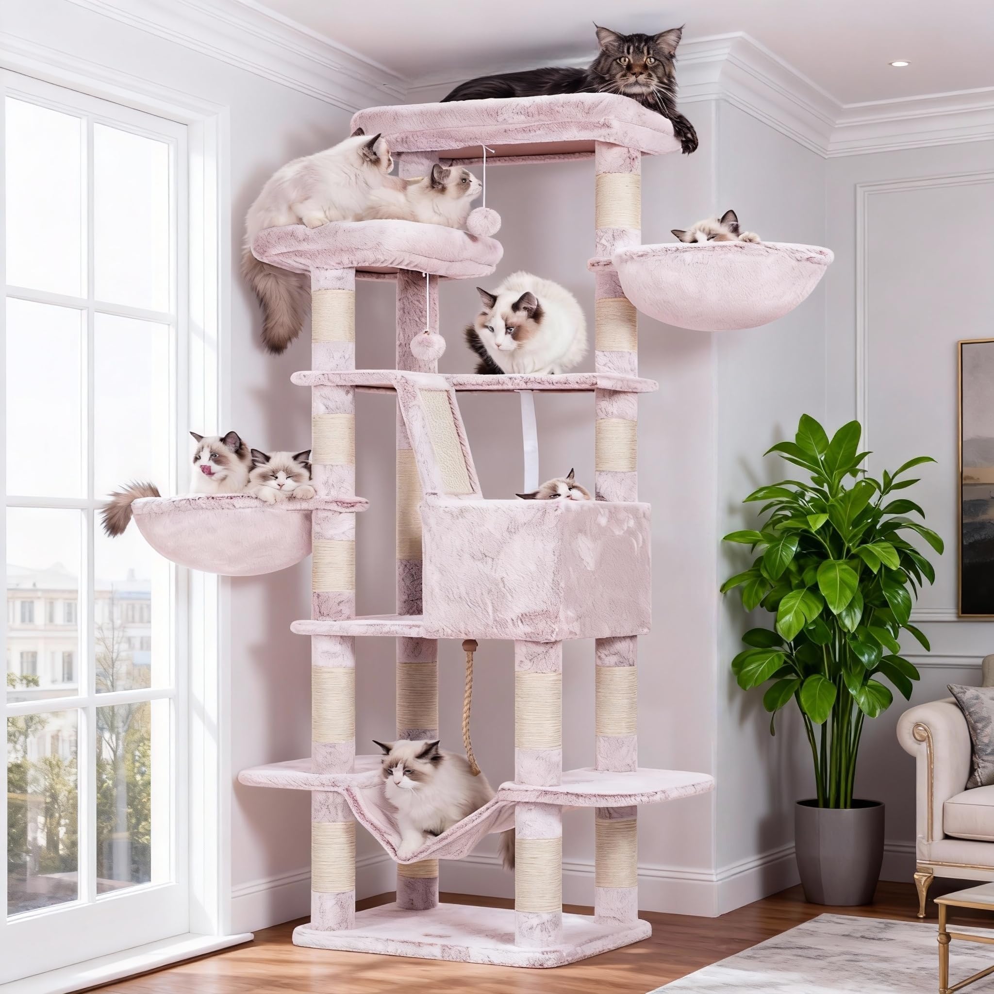 Heybly Cat Tree,68 inch Multi-Level Cat Tower for Indoor Cats,2 Widened Plush Perches Cat Condo with Scracthing Board and Big Caves,Muchroom HCT025MU