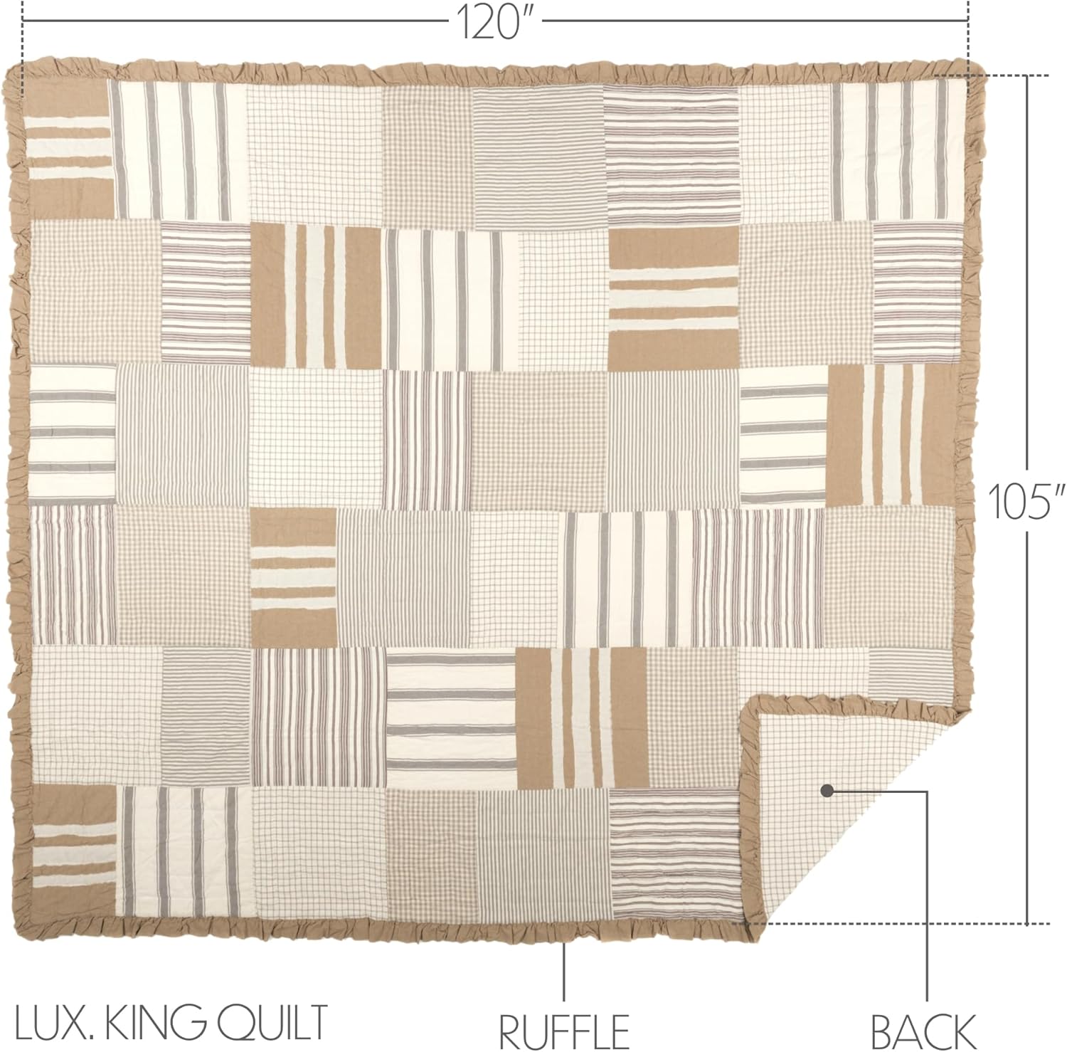 VHC Brands Grace Farmhouse Quilt Bedspread Oversized King Reversible Cotton Patchwork All-Season White 120Wx105L