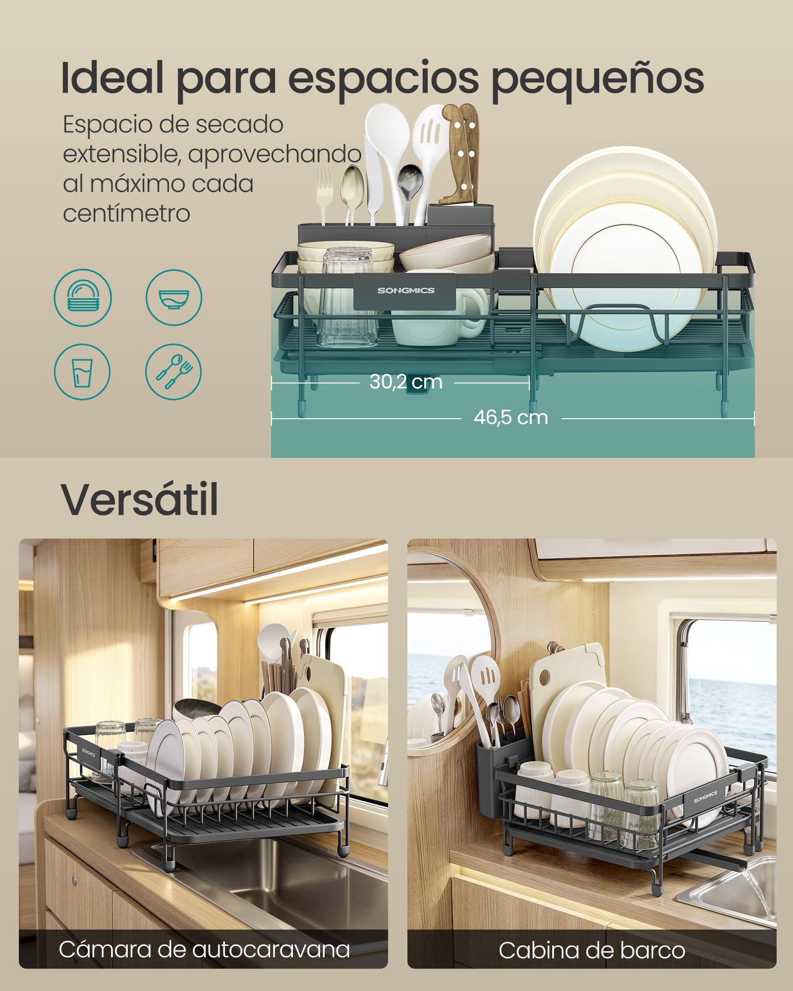 SONGMICS Escurreplatos para Espacios Reducidos, Escurridor de Platos de Cocina Extensible, Boquilla Extensible y Giratoria 360°, Acero, (30,2-46,5) x 29,6 x 14 cm, Gris Antracita KCS556GT01