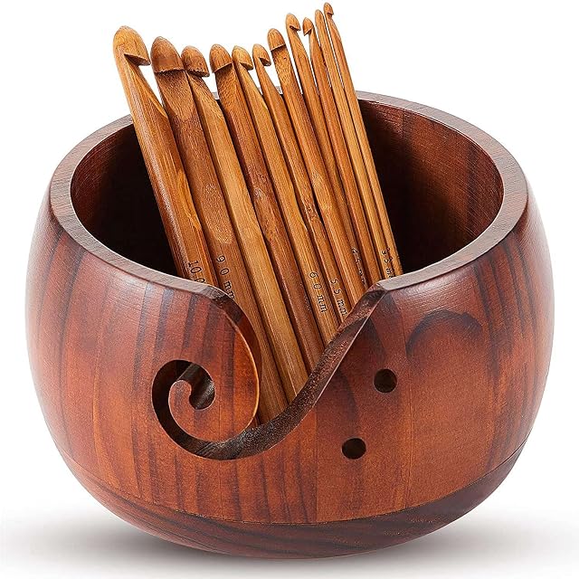 Dasing Wooden Yarn Bowl,Wood Yarn Storage Bowl with 12Pcs Bamboo Crochet Hooks for Crocheting Knitting 2