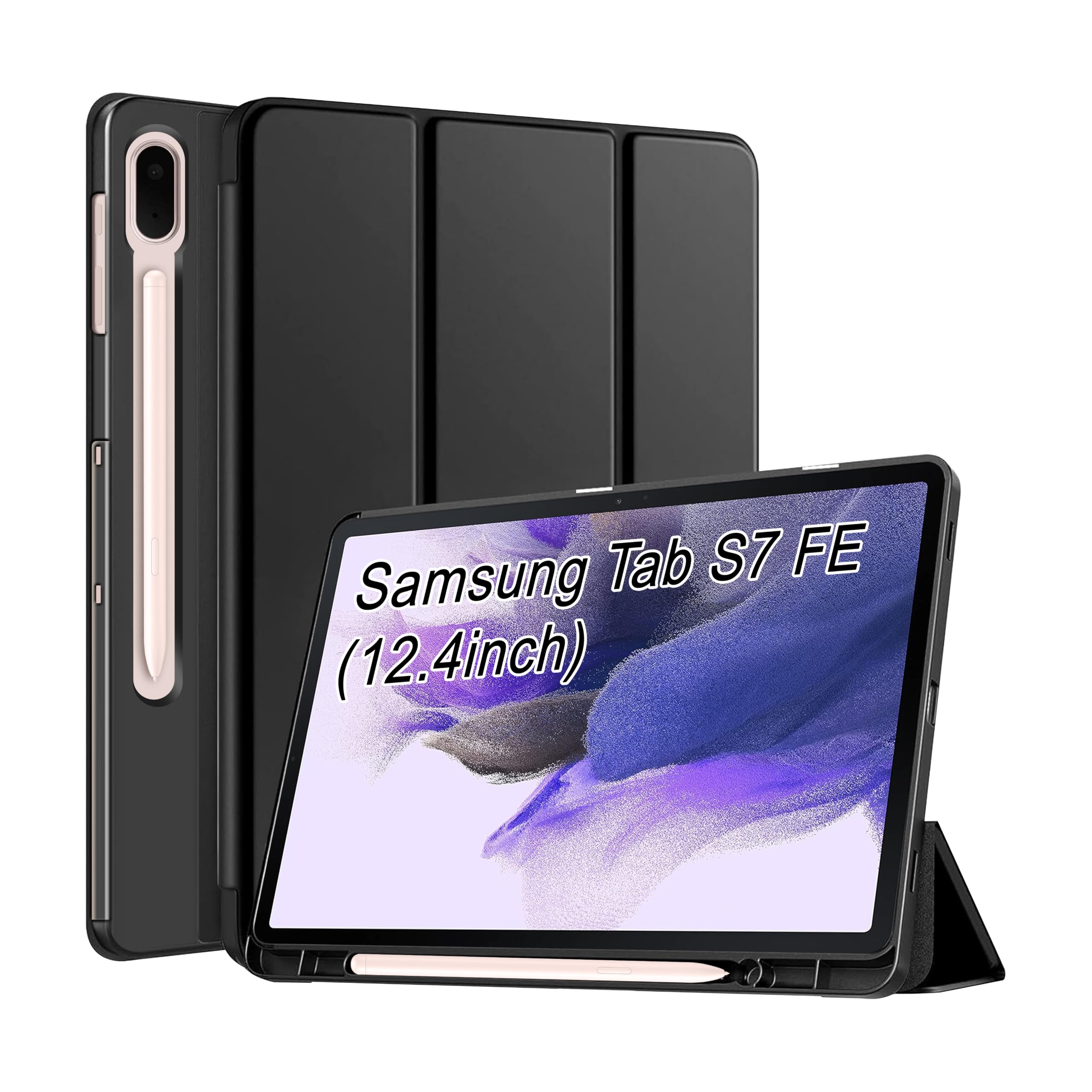 CEDO Smart Case Cover for Samsung Tab S7 Fe (12.4 inch) Tri-Fold Flip Cover with 2 Viewing Angles Stand | Left Side Pencil Holder | Heat Dissipation Auto Wake-Up/Sleep Mode TPU Backcover (Black)-image-41