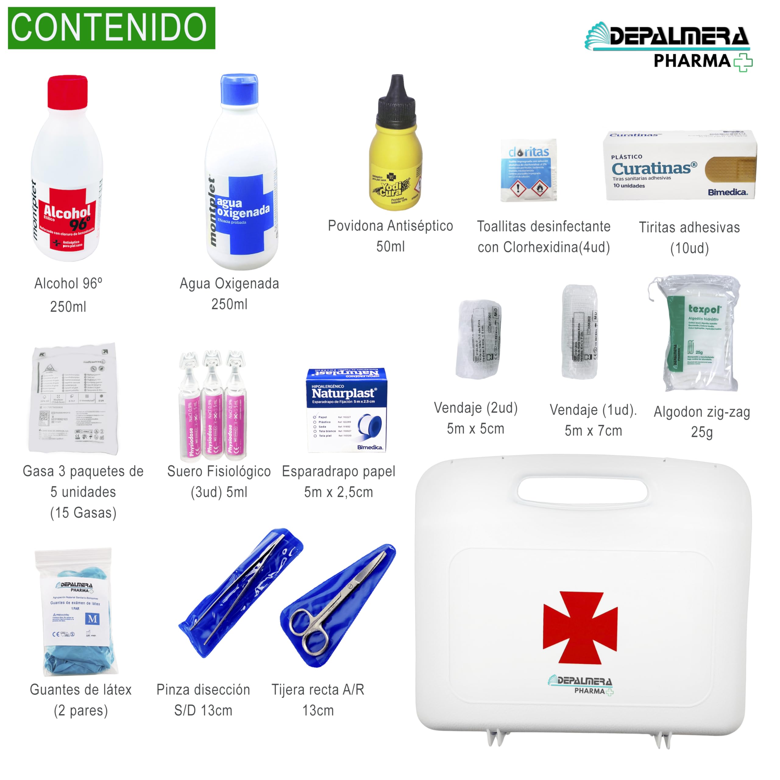 Pharma✙ Botiquin de Primeros Auxilios Hogar y Trabajo, Botiquin Completo Homologado para Realizar Primeras Curas de Emergencia - Medidas 26x23x7cm.