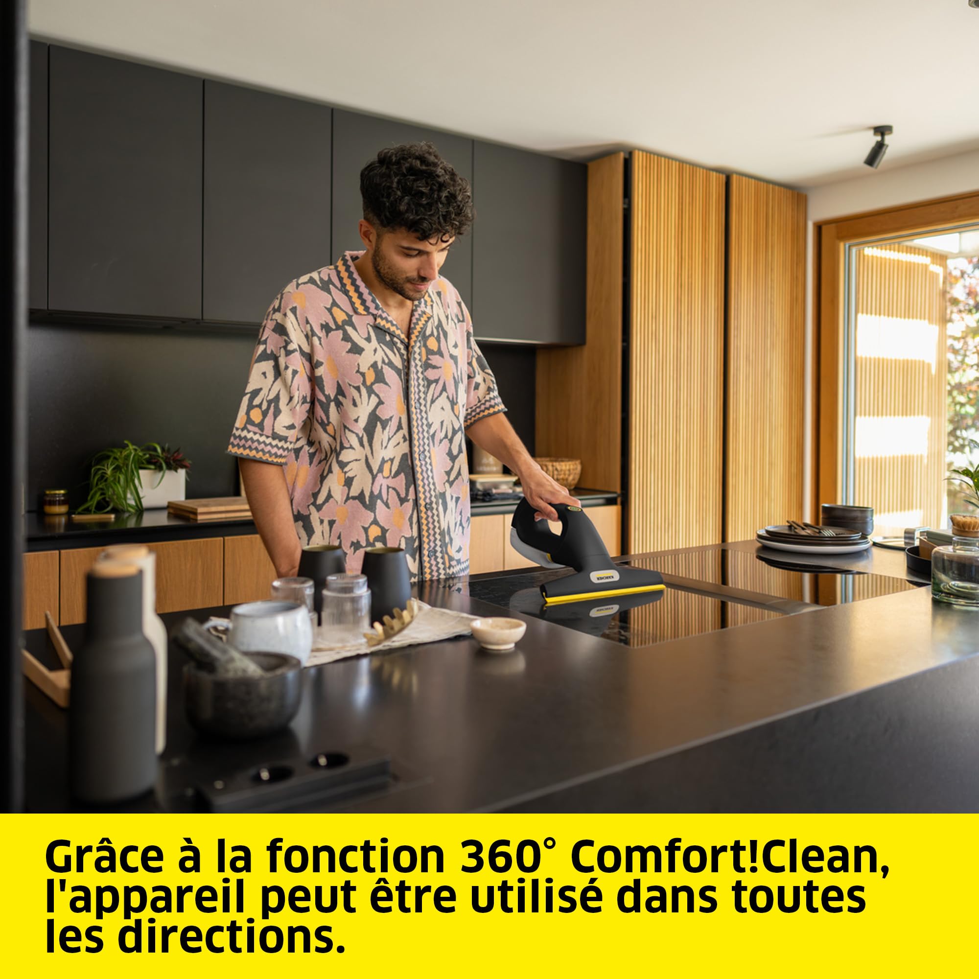 Kärcher nettoyeur de vitres sans fil WV 3 Comfort Precision+ Black, autonomie : 35 min, réservoir XXL : 200 ml, 2 buses d’aspiration, pulvérisateur, crochet de douche, nettoyant pour vitres 500 ml