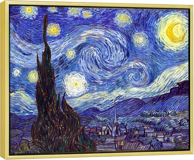 Wieco Art Gold Framed Canvas Prints of Starry Night by Vincent Van Gogh Paintings Reproduction Post-Impressionism Artwork for Living Room Home Office Decorations