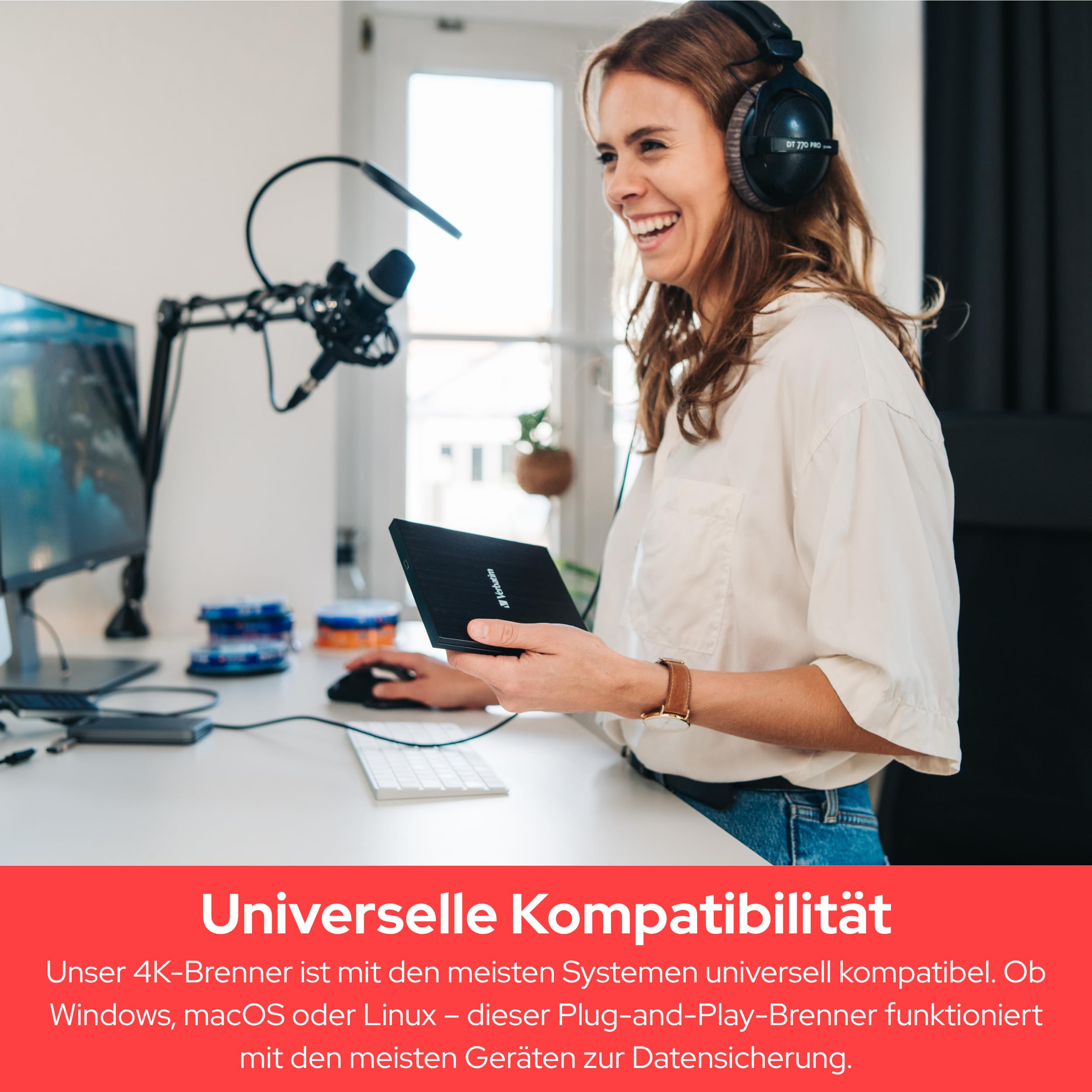 Verbatim Externer Slimline-Blu-ray-Writer Ultra HD 4K - kompakter Brenner zum Erstellen großer Backups, schwarz