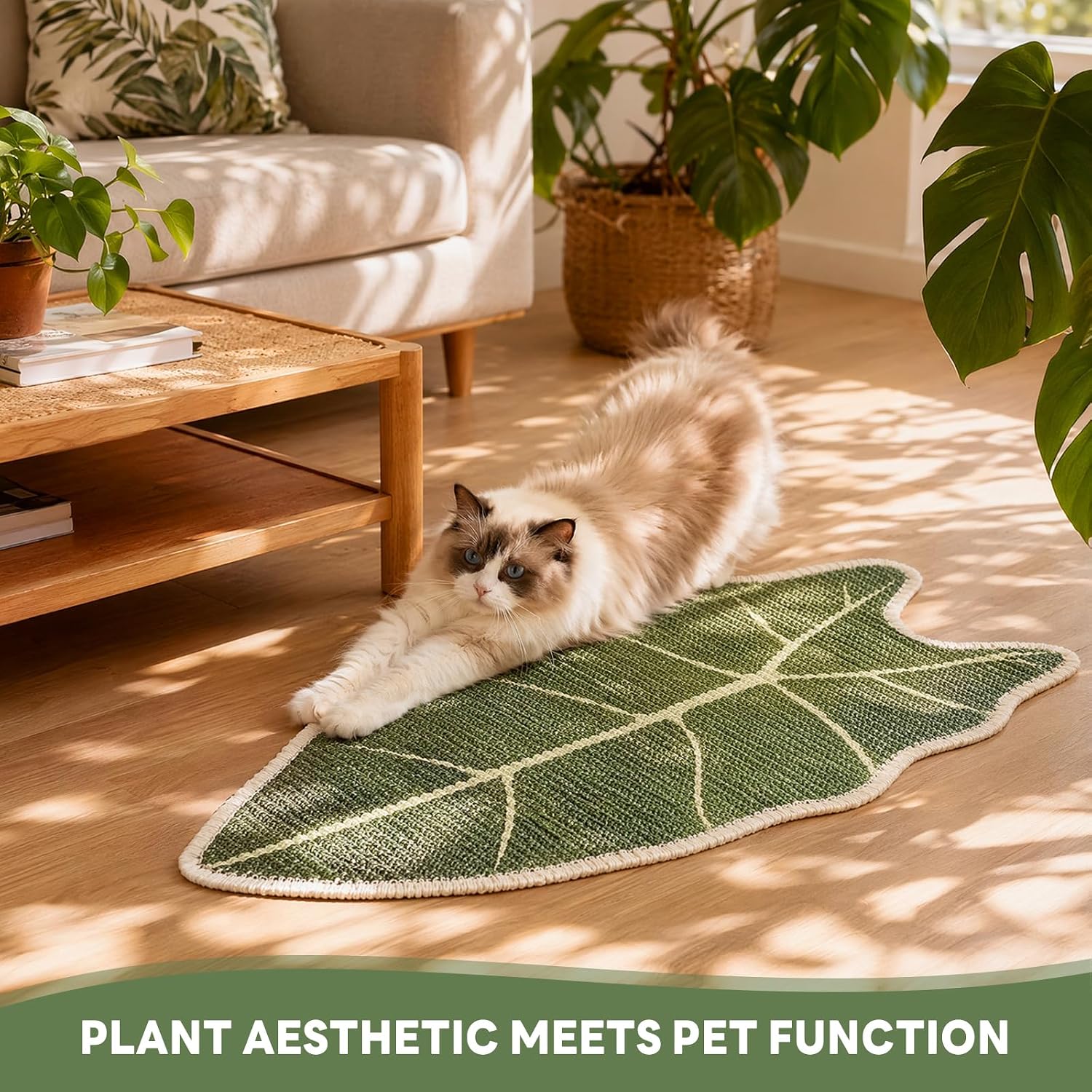 MACEVIA Natural Sisal Cat Scratcher Mat Pad Wall Floor Furniture Protector | Botanical Leaf Woven Sisal Cat Play Toy Rug, Ultra Scratch Resistant Nail File Pad with Minimal Fiber Shedding (Velvet Taro)