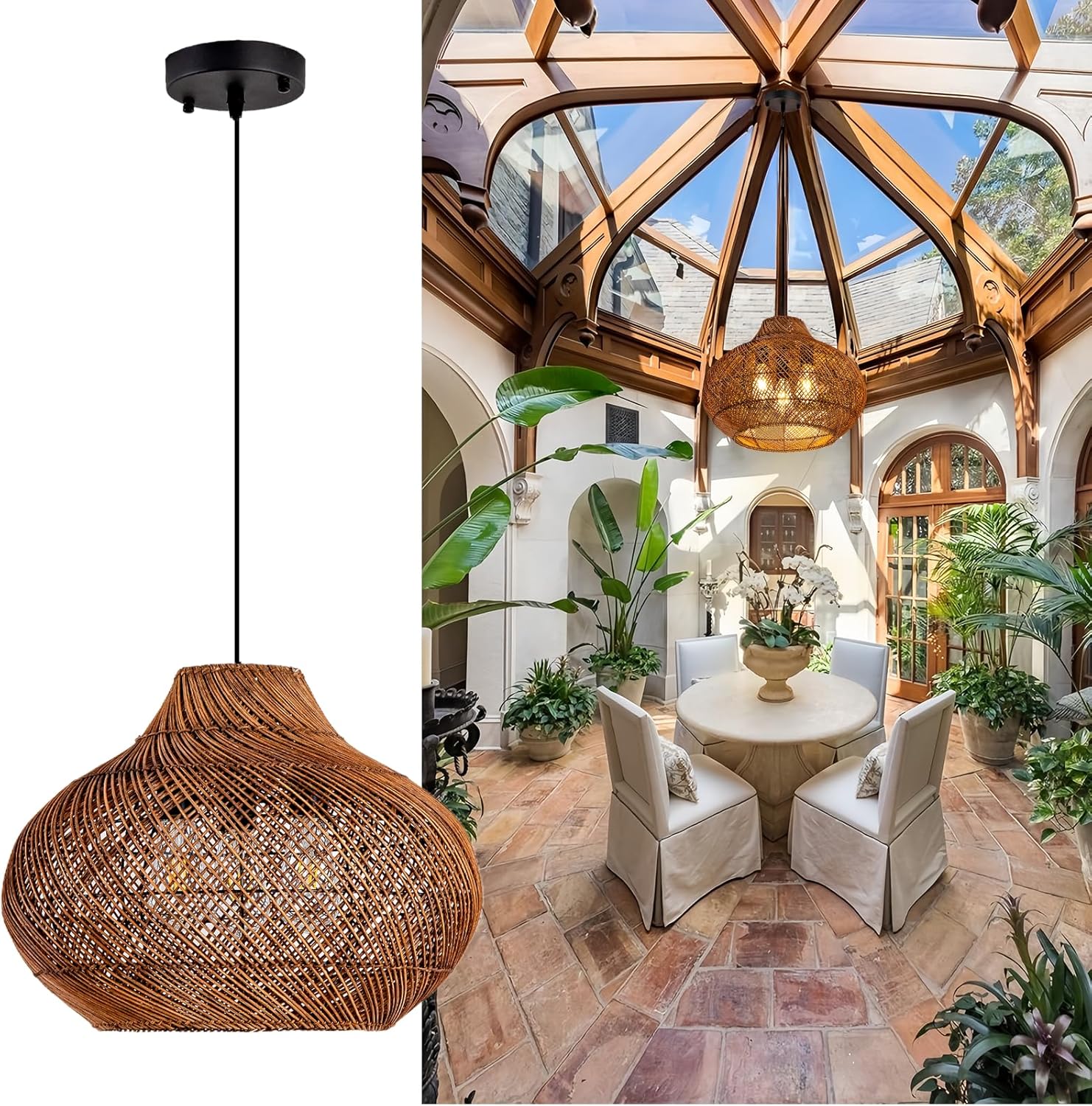 19inch Large Rattan Chandelier, Boho Rattan Chandelier Light 3-Light Wicker Rustic Hanging Light Fixture for Dining Room Kitchen Island Living Room Foyer Restaurant