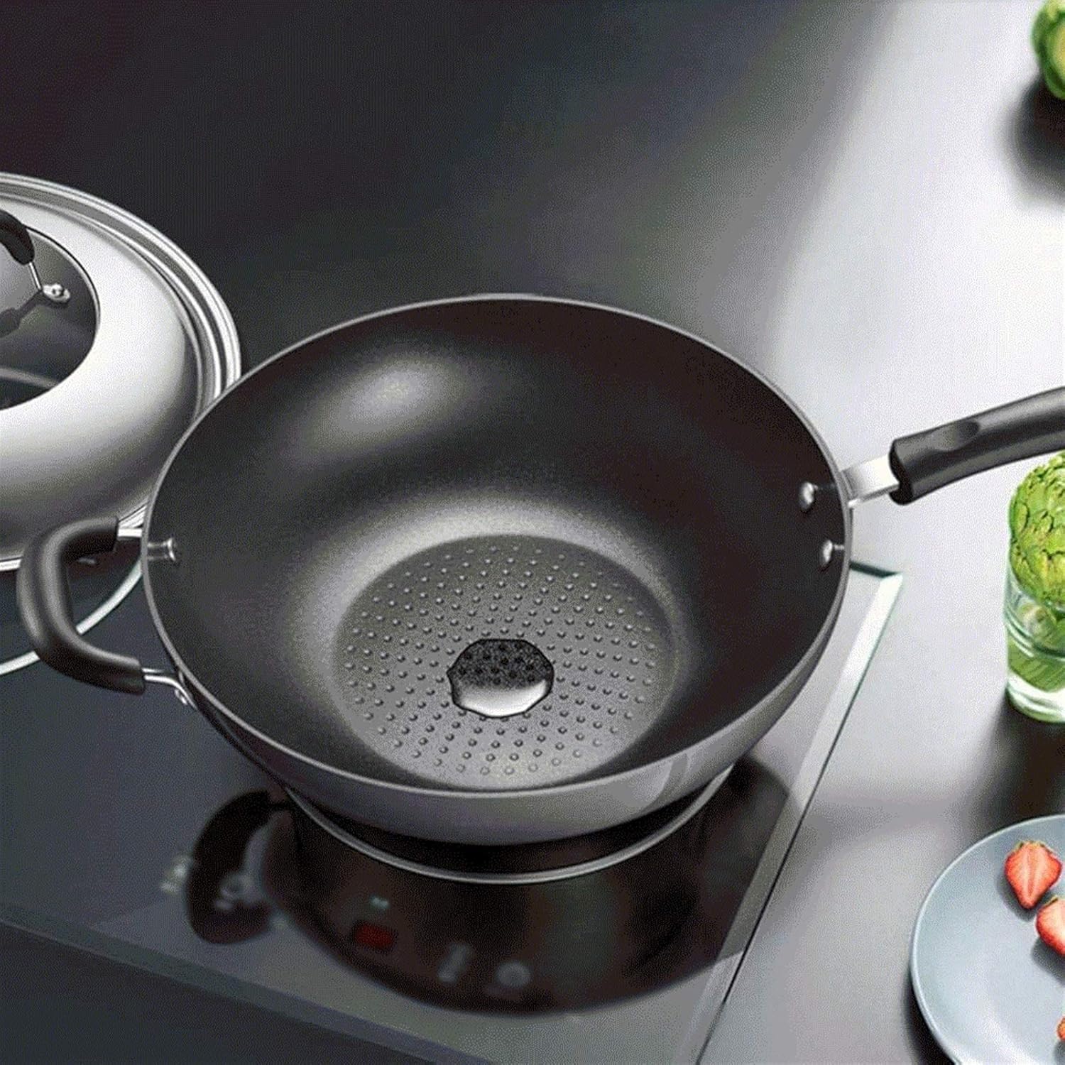 Woks and Stir Fry Pans with Lid, Nonstick Wok Pan with Lid, Wok with Lid, Nonstick Frying Wok Flat Bottom, Induction Compatible