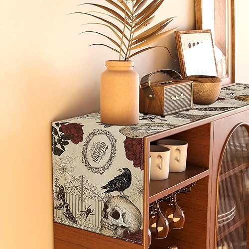 Miniatura 6 de Camino de mesa retro de Halloween, mantel gótico de calavera para Halloween, decoración de calavera y rosas, decoración de Halloween y suministros