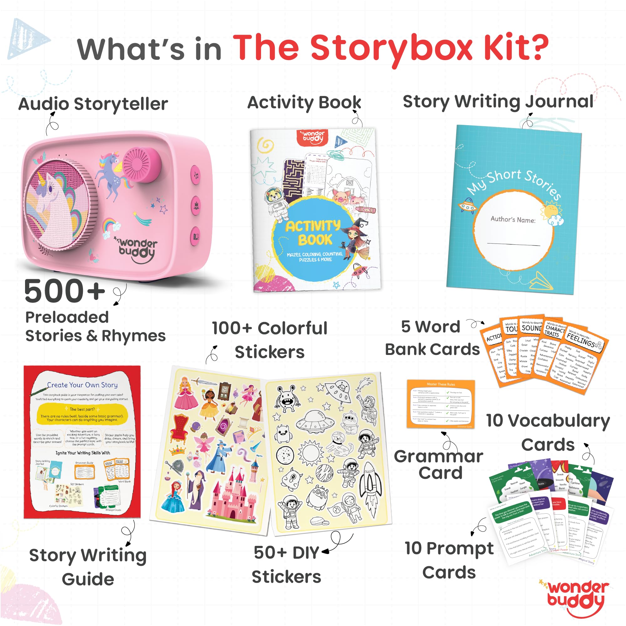 WonderBuddy Kids Story Box Audio Player, 500+ Preloaded Stories & Rhymes with Storybook DIY Art Kit, Voice Recorder, Content Upgrade, Bluetooth, Birthday Gift for Girls 3+ Years- Unicorn