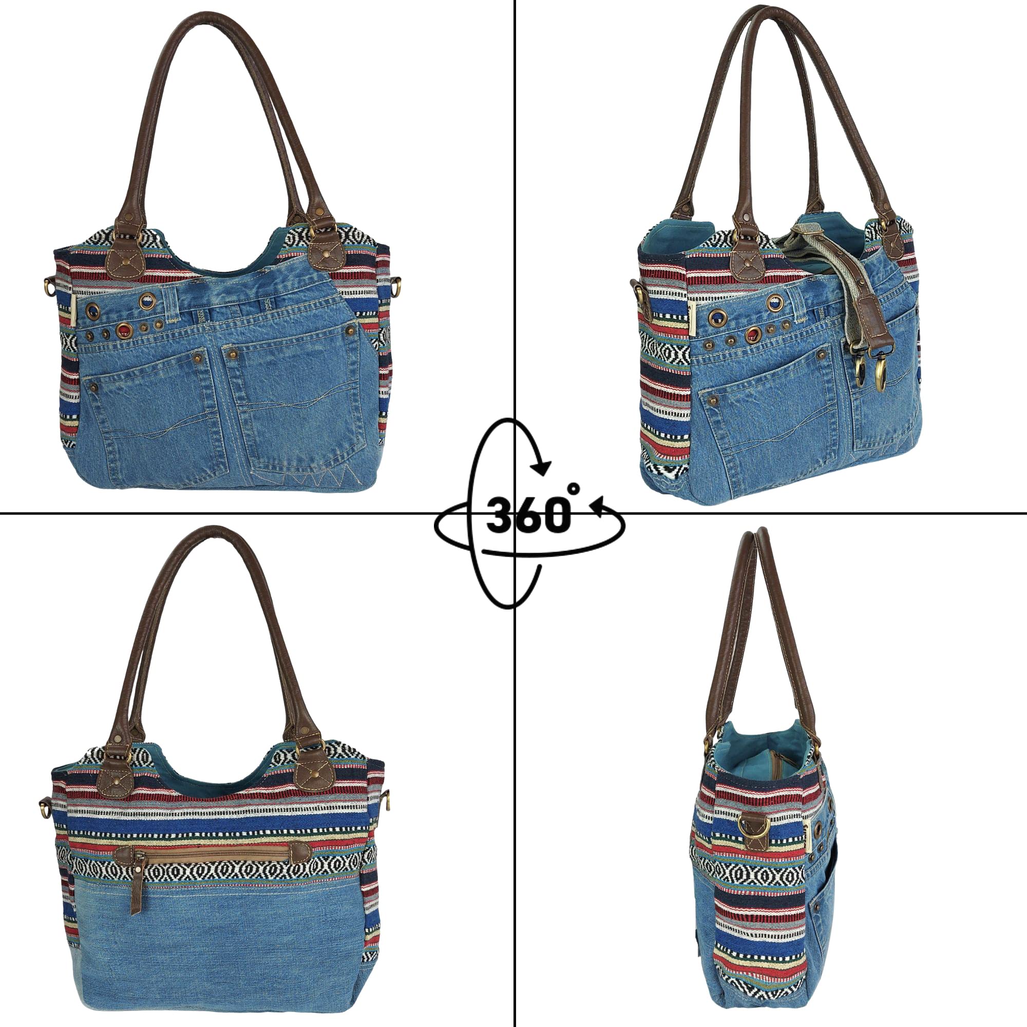 Sunsa Damen Nachhaltige Handtasche aus recycelte Jeans Canvas & Leder. Vintage Still große Schultertasche. Extra Crossover Henkel kann als Umhängetasche benutzen. A4 geeignet