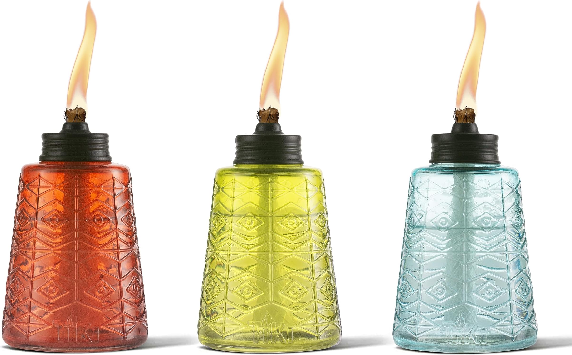 Molded Glass Decorative Tabletop Torches (Set of 3) – Red, Green & Blue Outdoor Lighting for Lawn, Patio & Garden | Weather-Resistant | Includes Long-Lasting Wick & Snuffer