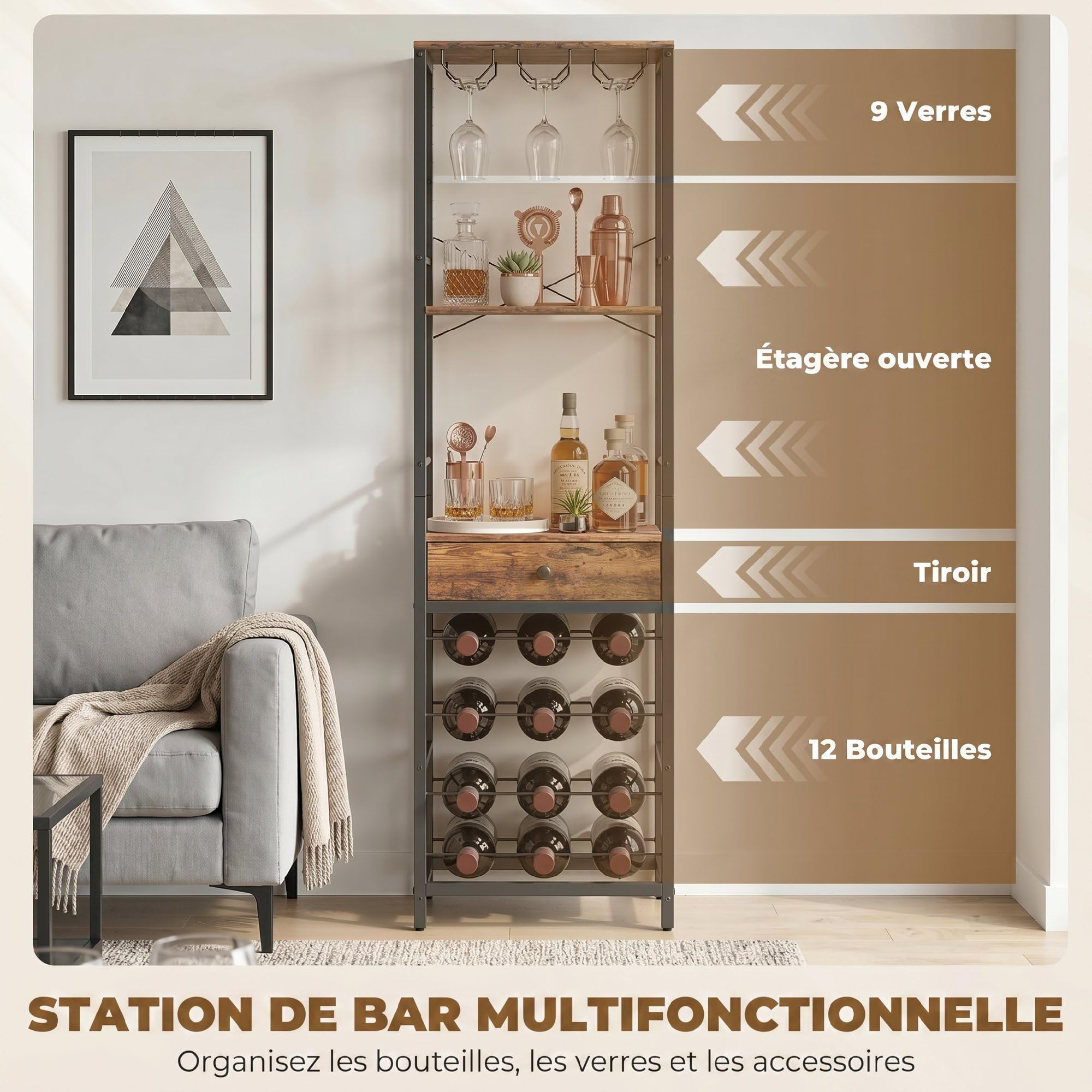 HOMCOM Casier à Bouteilles pour 12 Bouteilles, casier à vin avec étagère Ouverte et tiroir, Style Industriel, étagère à vin en métal pour Cuisine, Salon, Bar, 40 x 30 x 148 cm, Brun Rustique