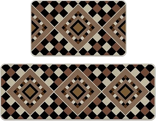 Geometric Argyle Kitchen Rugs Set of 2, Vintage Diamond Ethnic Neutral Modern Art Floor Mats Home Decor, Retro Minimalist Contemporary Door Mat