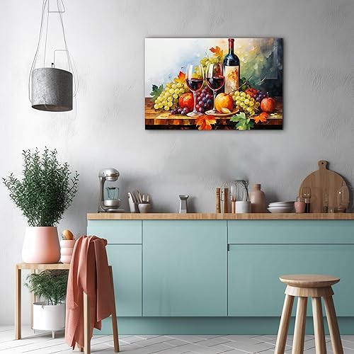 Miniatura 141 de Hzddty Lienzo decorativo para pared, diseño rústico de cocina, vino tinto y pan, cuadros de comida para decoración de pared, impresiones de pintura