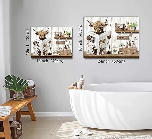 Miniatura 8 de Divertido arte de pared de baño de vaca de las tierras altas, rústico, color marrón, lindo animal, pintura, imagen, decoración de pared, ganado de