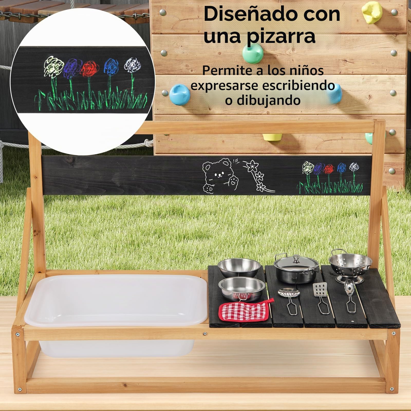 HOMASIS Cocina de Barro y Madera de Abeto Con Pizarra, Fregadero, Accesorios y Paño, Set Infantil de Exterior para Niños de 3+ Años, 81x36x49cm, Natural