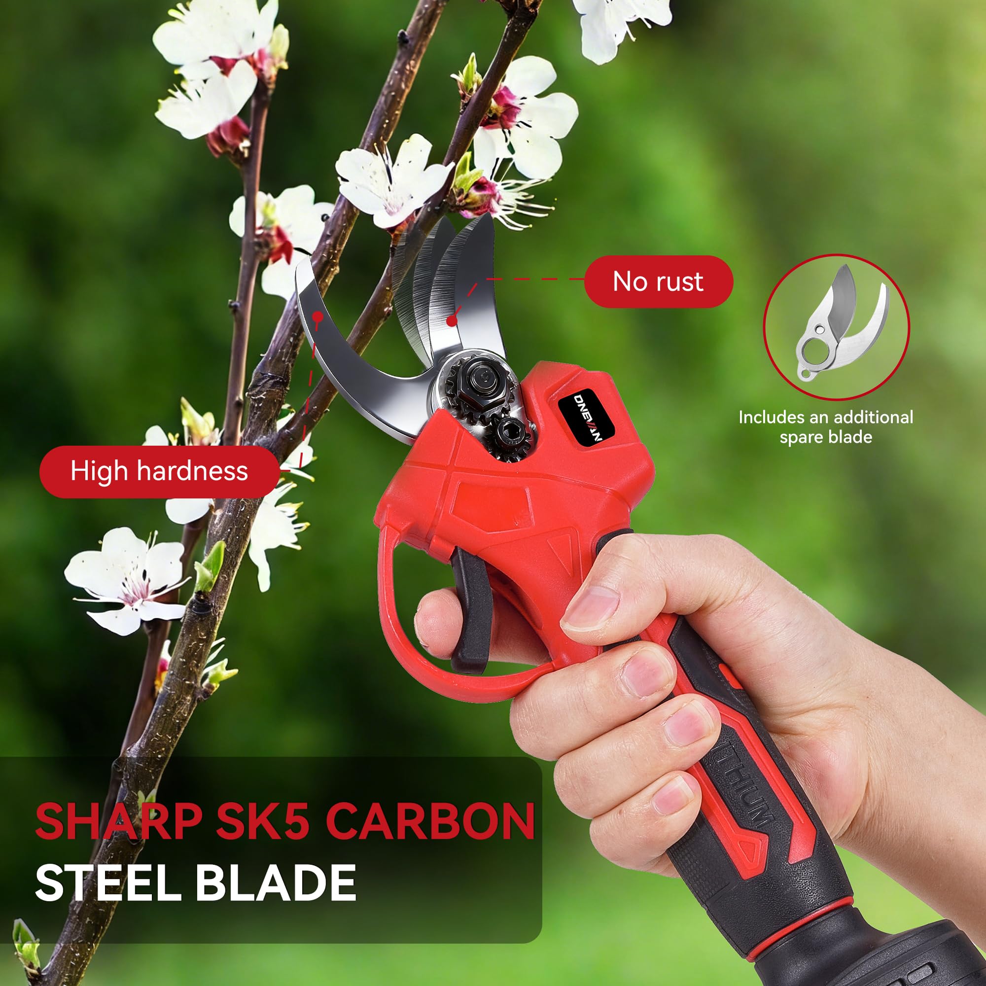 ONEVAN Sécateur électrique sans fil - Diamètre de coupe : 25 mm - Sans balais - Sans fil et léger - Avec 2 batteries de 1,5 Ah - Lames SK5 - Sécateur sans fil pour jardin, arbre, haie