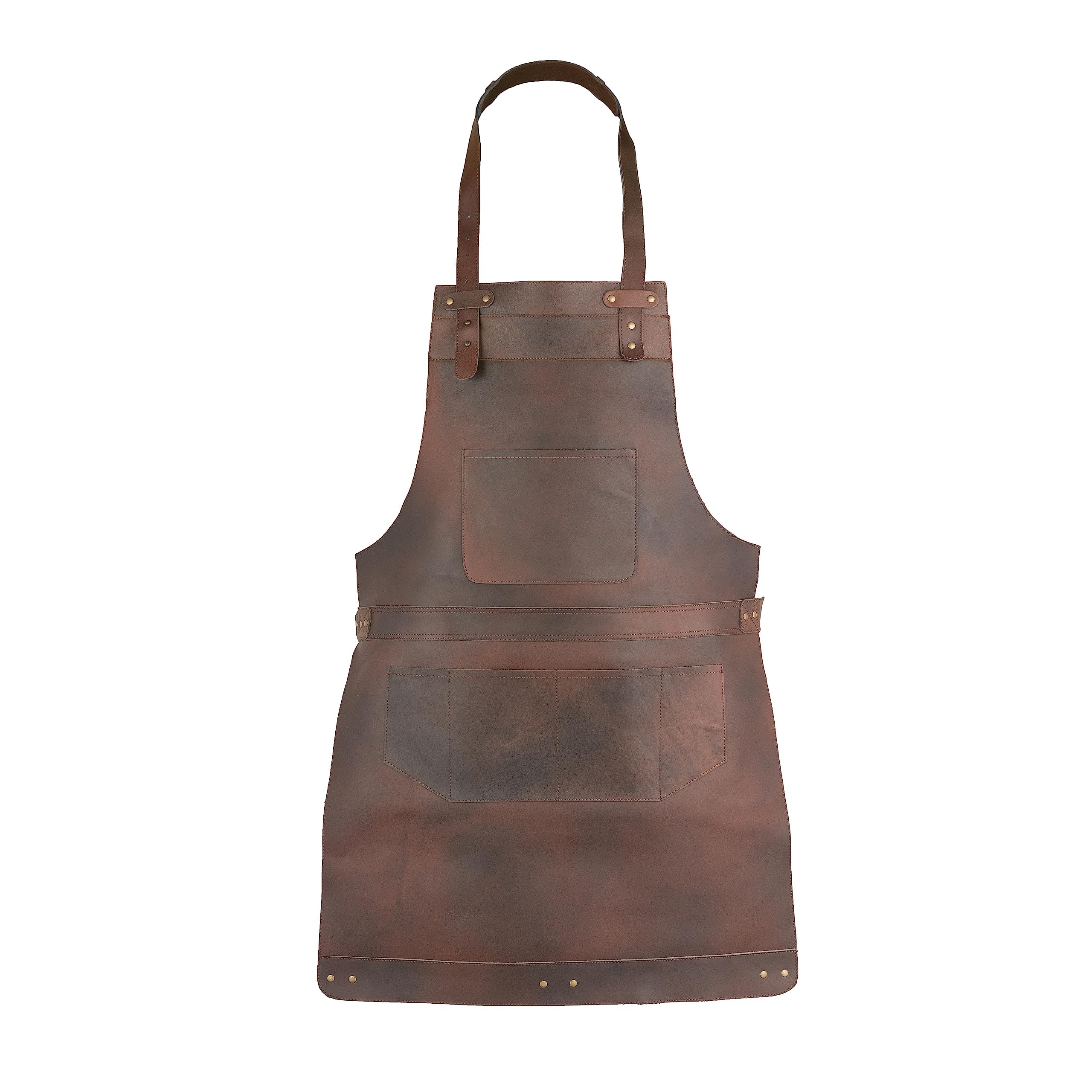 Leathershire Dark Brown Full Grain Leather Apron Butcher, Cook, Bbq, Cooking, Grilling, Blacksmith Apron (Dark Brown)