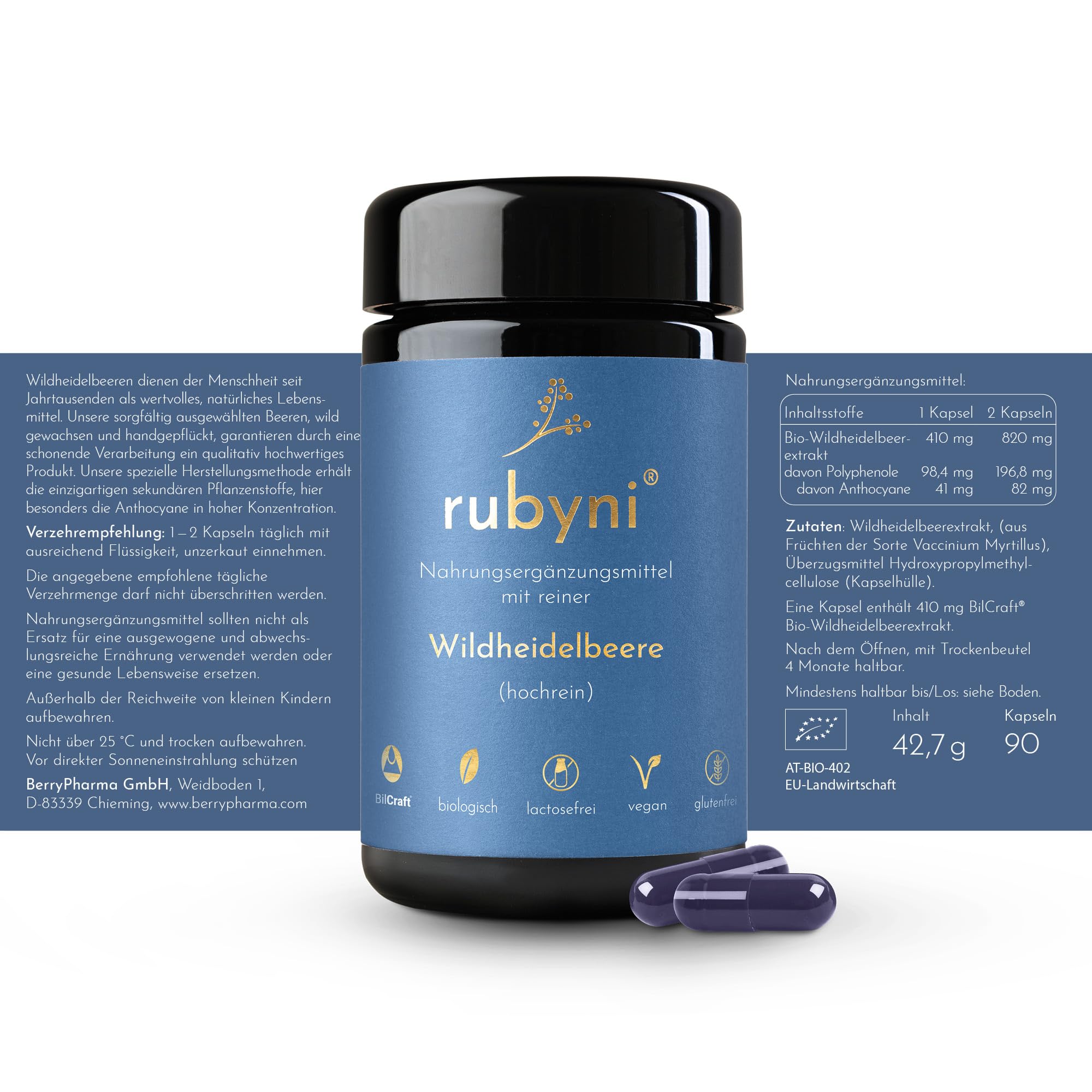 Wildheidelbeere - 90 Kapseln - 100% reiner Heidelbeeren Extrakt | Bio & Vegan - 820mg Wildheidelbeerextrakt pro Tagesdosis - Mit Polyphenolen & Anthocyanen - Hochkonzentriert - 100% BilCraft
