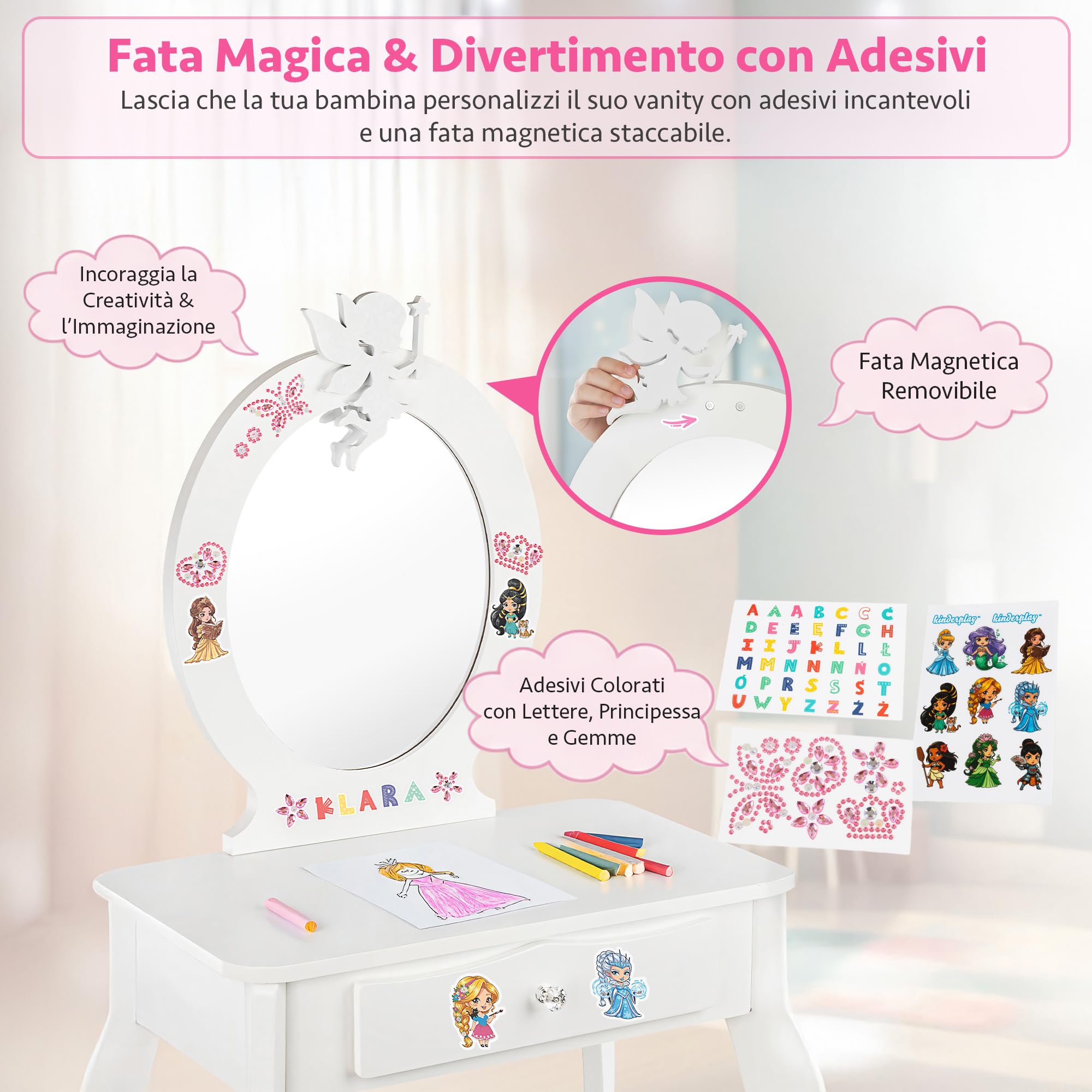 Green series Tavolo da toeletta per bambini in legno con specchio e sgabello, tavolo da toalet con cassetto e adesivi, per bambini, in legno, per la cameretta dei bambini, idea regalo per ragazze