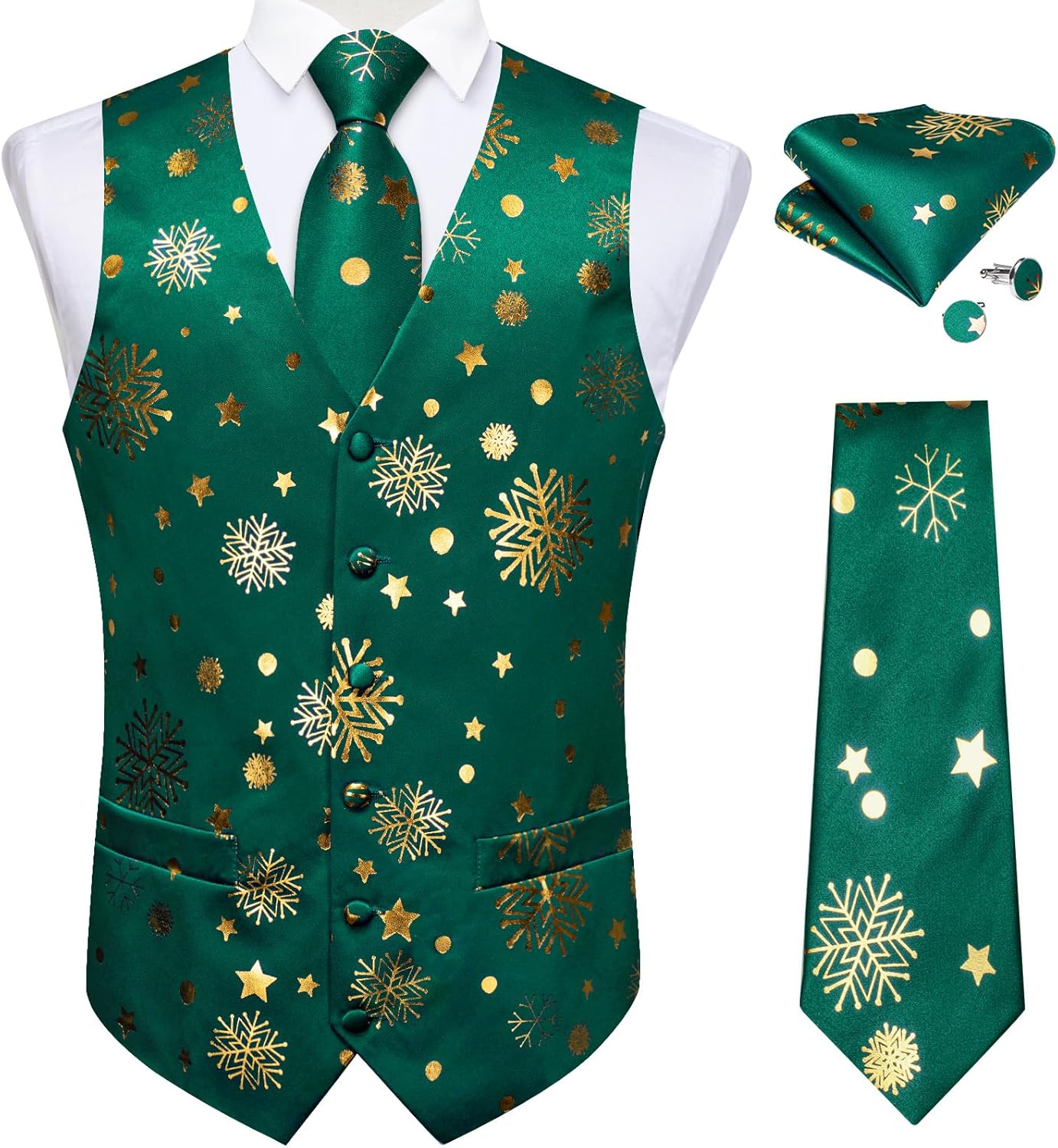 DiBanGu Christmas Men's Suit Vest and Tie Snowflake Waistcoat Necktie Pocket Square Cufflinks Set Festival Party Gifts
