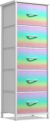 Miniatura 13 de Sorbus Cómoda para niños con 5 cajones, organizador de cofre de almacenamiento, mesita de noche, marco de acero, parte superior de madera,