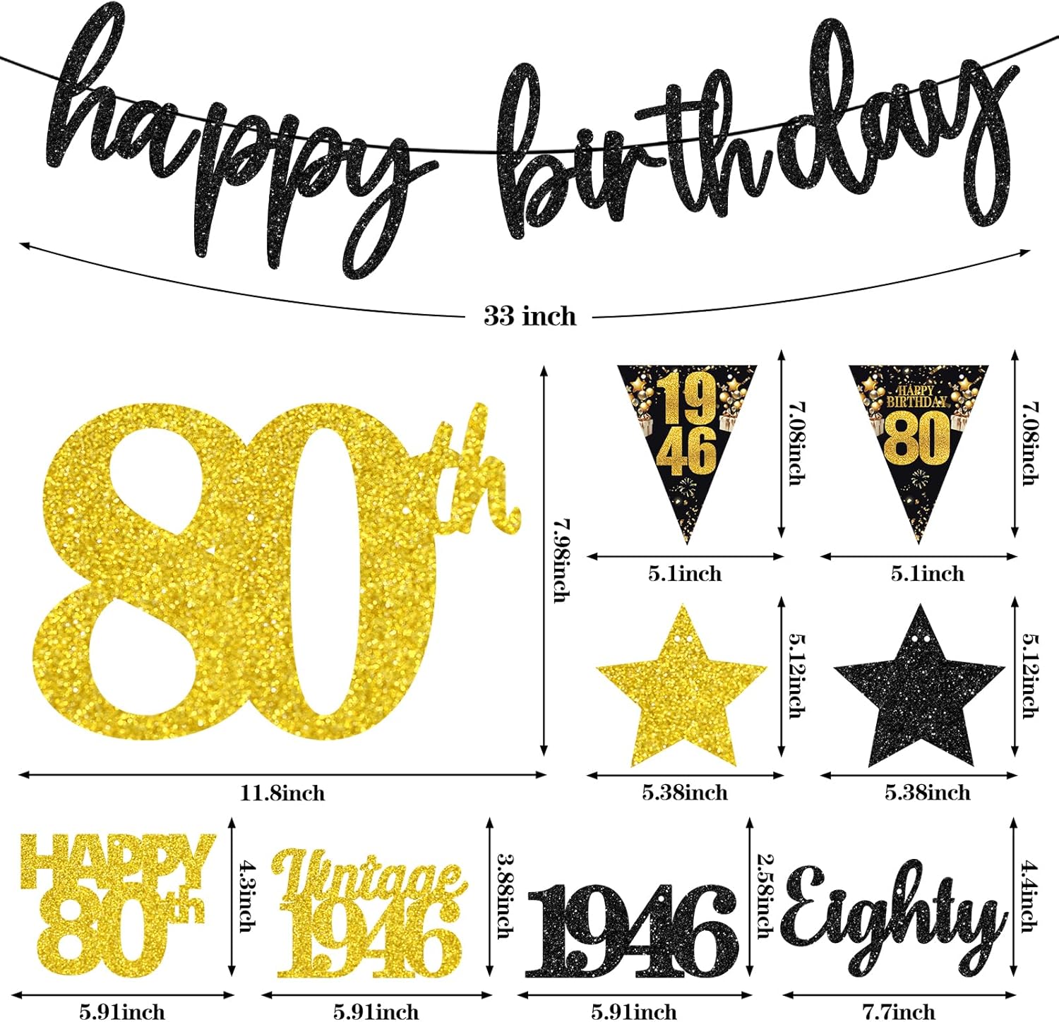 12PCS 80th Birthday Decorations for Men Women, Black Gold Vintage 1946 Happy 80th Birthday Banner Triangle Flag Banner Glitter Hanging Swirls Party Supplies, Cheers to 80 Years Old Bday Decor - Image 2