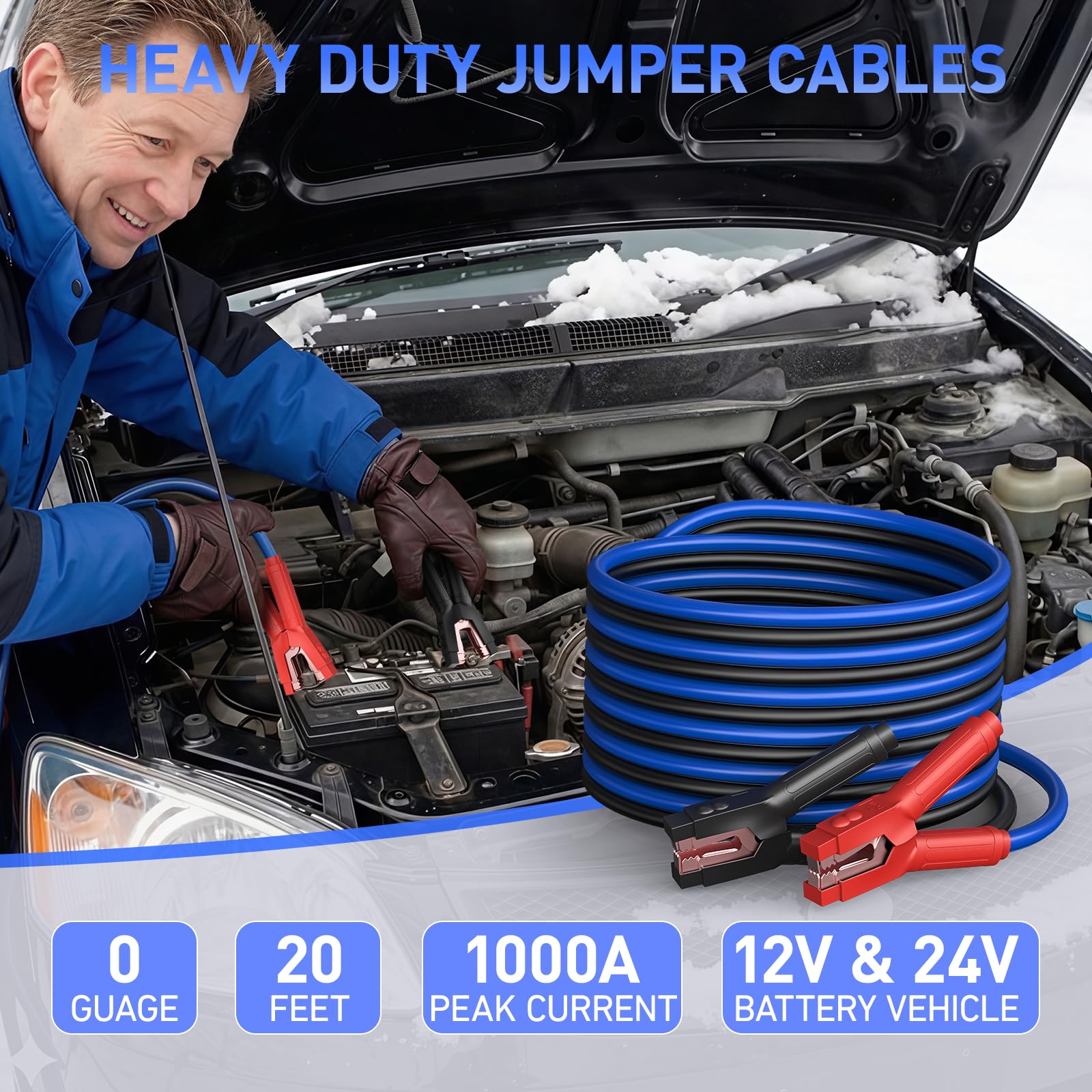 SAFEMATE Cavi di avviamento per veicoli da 12 V e 24 V, cavi di avviamento per veicoli da 12 V e 24 V, cavi di avviamento per batterie scariche o deboli, kit di cavi jumper con borsa per il trasporto
