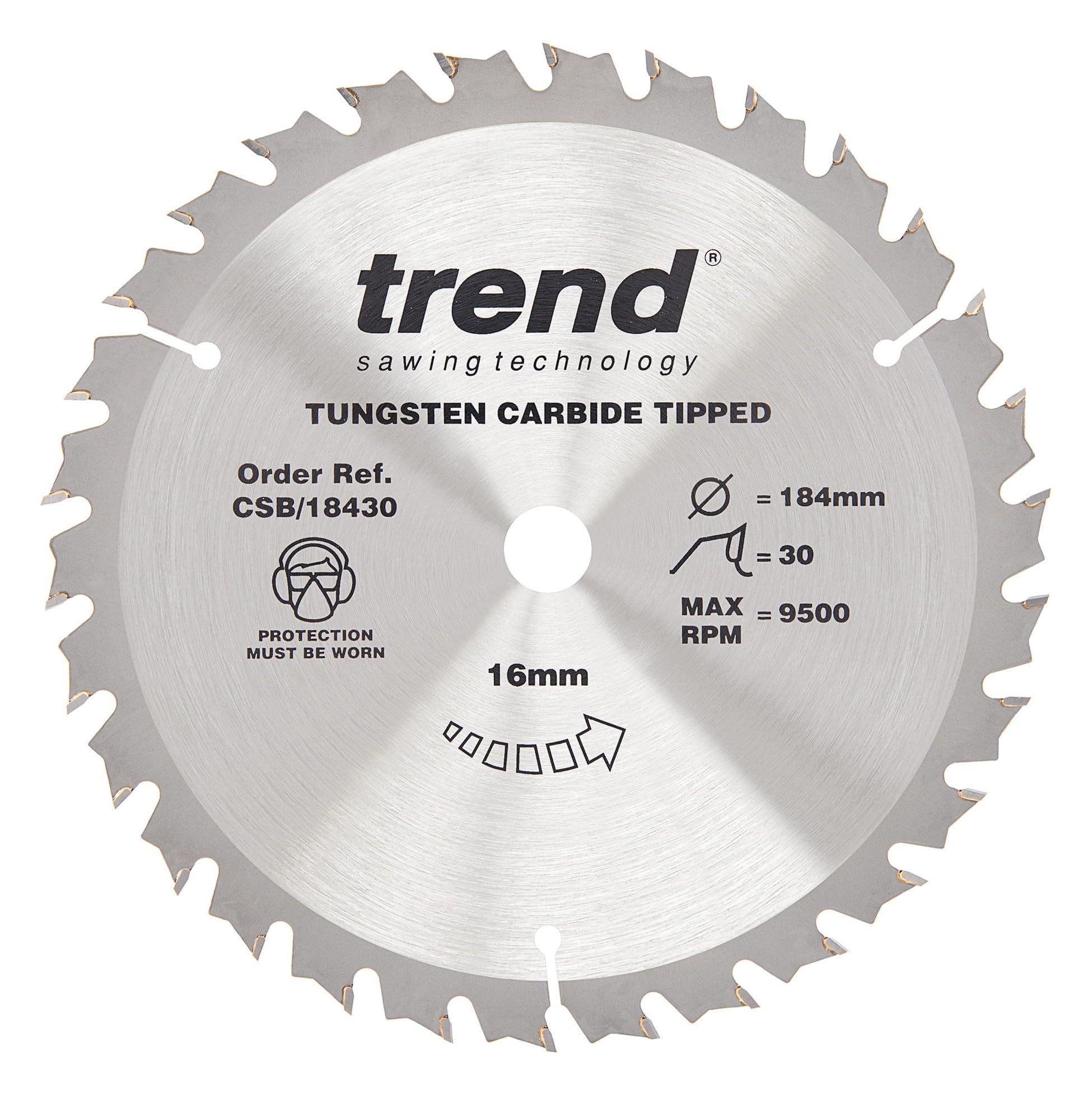 Trend Silver Wood Circular Saw Blade, 184Mm Diameter, 16Mm Bore, 30 Teeth, 2.6Mm Kerf, +15° Hook, Tct, Medium Finish, Csb/18430
