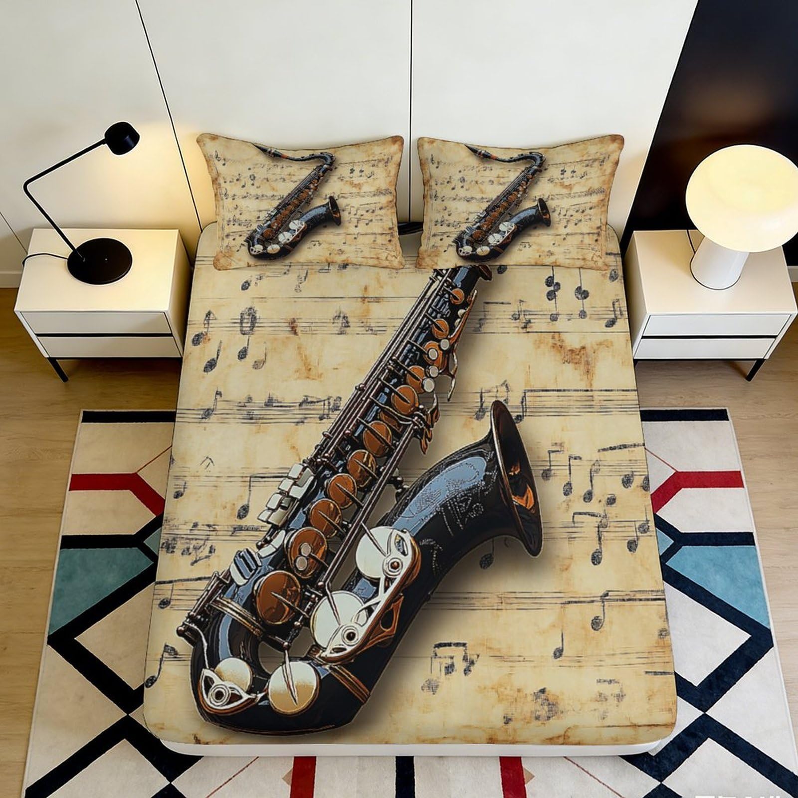3D Printed Saxophone Music Fitted Sheet Microfiber Deep Pocket Non-Slip Musical Notes Mattress Fitted Cover for Adult Bedroom 140x200x25cm