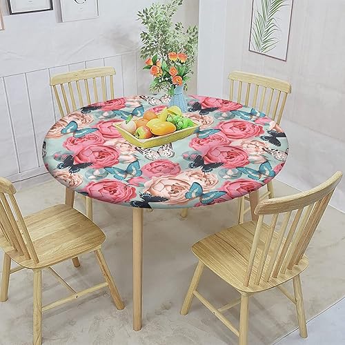 Miniatura 2 de Mantel redondo decorativo ajustable con estampado de mariposas y bordes elásticos de poliéster, mantel de tela con estampado de mariposas de rosa