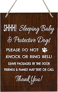 LifeSong Milestones Sleeping Baby Protective Puppies Baltic Birch Rope Hanging Sign for Front Door - Do Not Knock or Ring Doorbell - Quiet Entry for House New Home Decor - 8x10 (Walnut)
