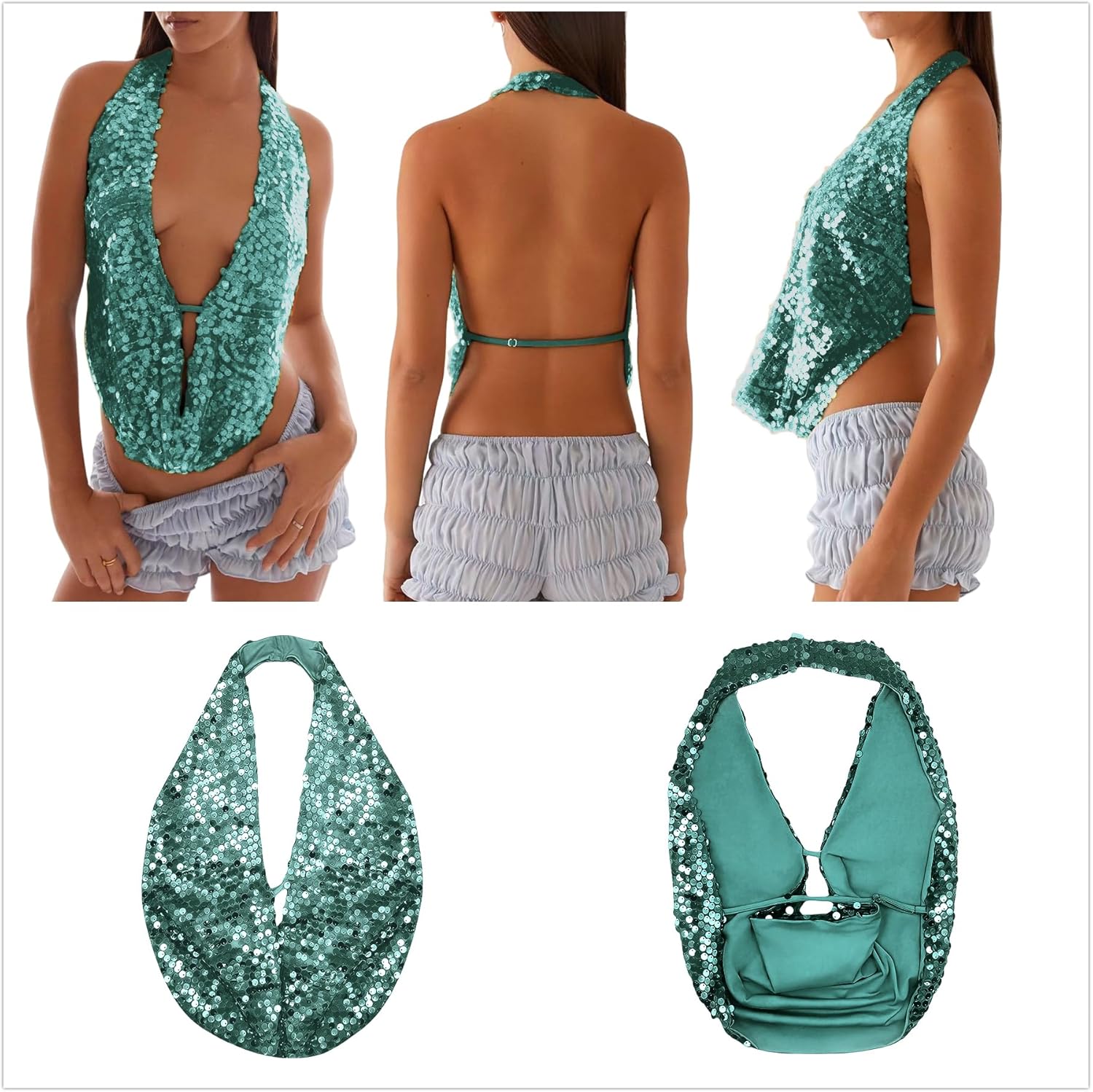 Women Sexy Halter Deep V Cowl Neck Sparkling Sequin Open Back Crop Cami Top Clubwear Rave Outfits - Image 5