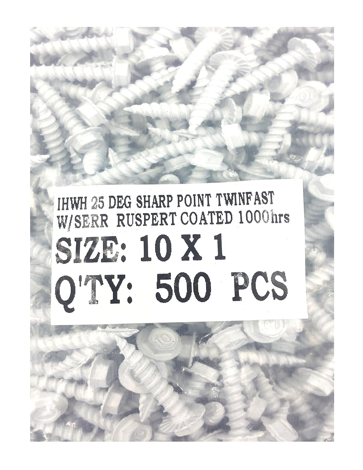#10 x 1" Hex Washer Head Sheet Metal Screw, 8 Head, 10 Washer, Type 17 Point, FWD Serrations (500, White)