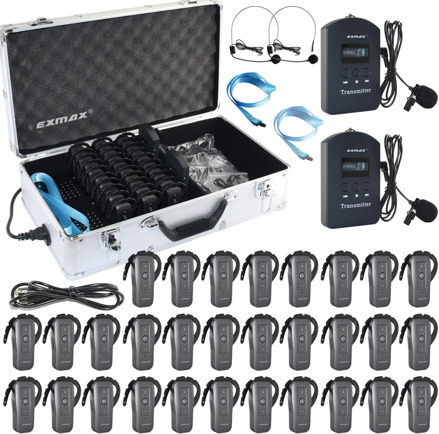 EXD-6688 2.4GHZ Wireless Whisper Tour Guide Microphone Headsets System Support Two Transmitters Working for Meeting Teaching Training(2 Transmitters & 30 Receivers with 32-slot Charging Case)