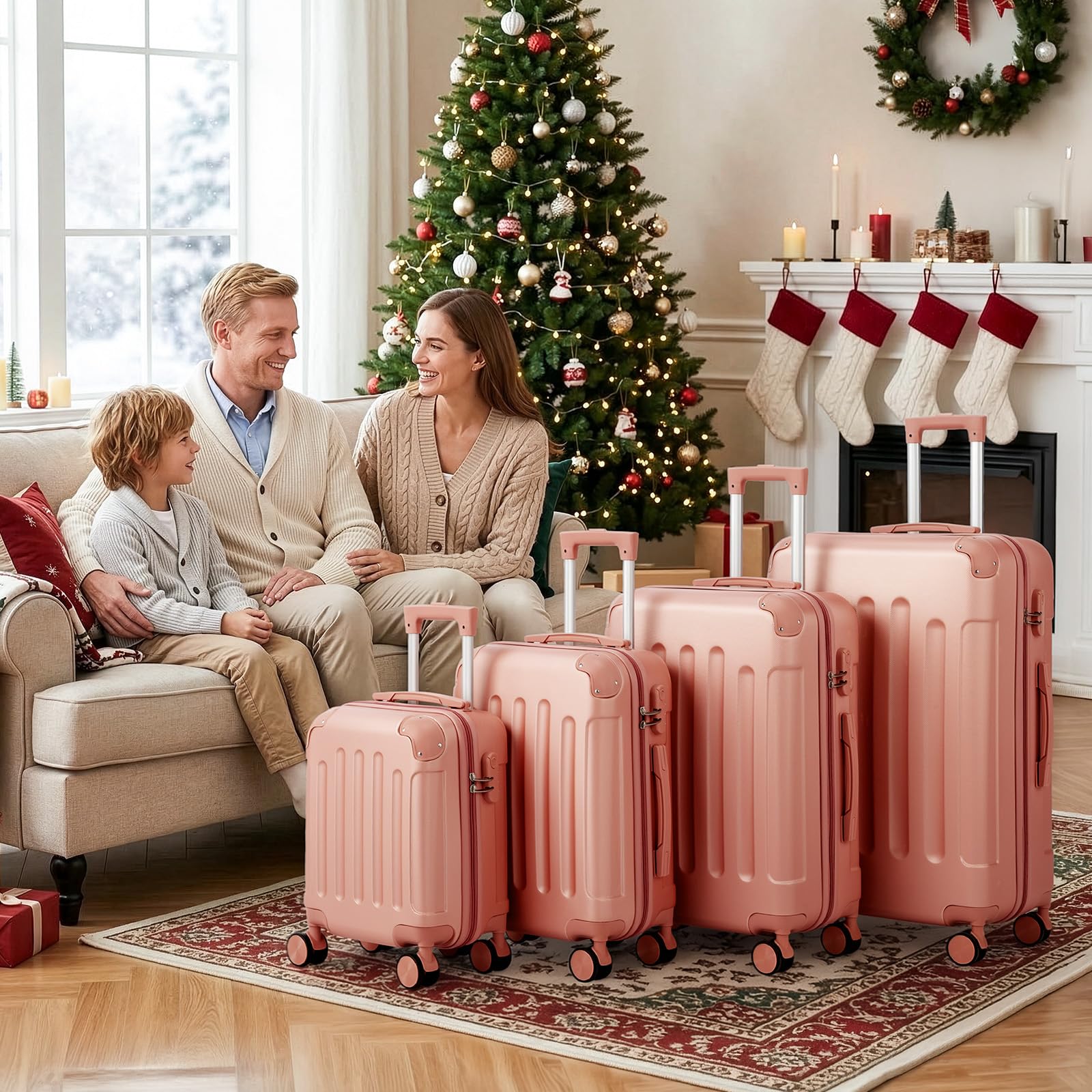 LEADZM Set di Valigie Rigide 4 Pezzi, Set Valigie con Rinforzi Angolari, Luggage Suitcase Grande 23 kg in ABS (Rosa oro)