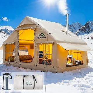 WildFinder Inflatable Hot Tent with Stove Jack & Skylight - 4-6 Person Quick Setup Air Glamping Tent, Waterproof Pump Included