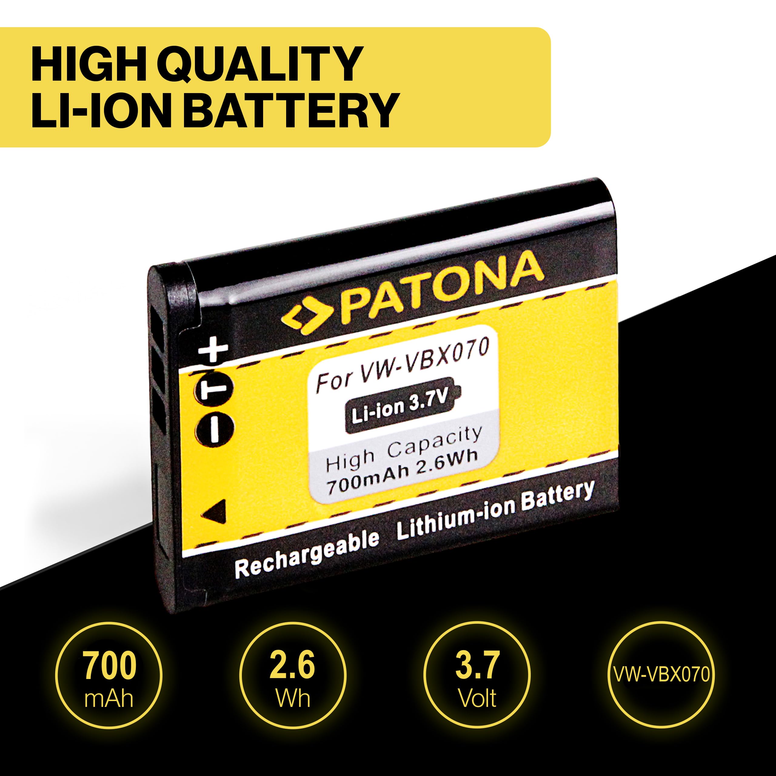 PATONA 2X Akumulator do Panasonic VW-VBX070 VBX070E 700mAh | Akumulator do HX DC1 DC2 DC3 DC10 DC15 WA10, Toshiba PX1686, Sanyo DB-L80 DB-L80A, Pentax D-Li88, z ochroną zwarciową