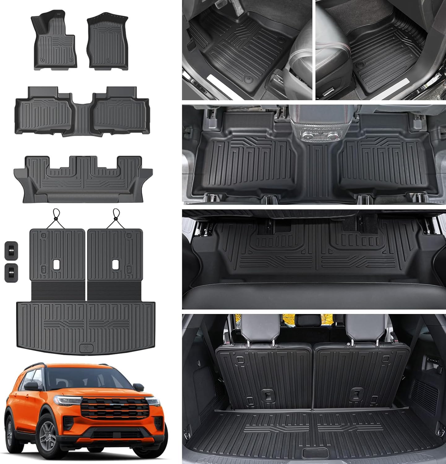 Floor Mats for 2020-2024 2025 Ford Explorer (7-seat), All Weather TPE Floor Mat Cargo Liner with Backrest Mat for Explorer ST/XLT Accessories (Full Mat Set 7-seat) Full Mat Set (7-seat)