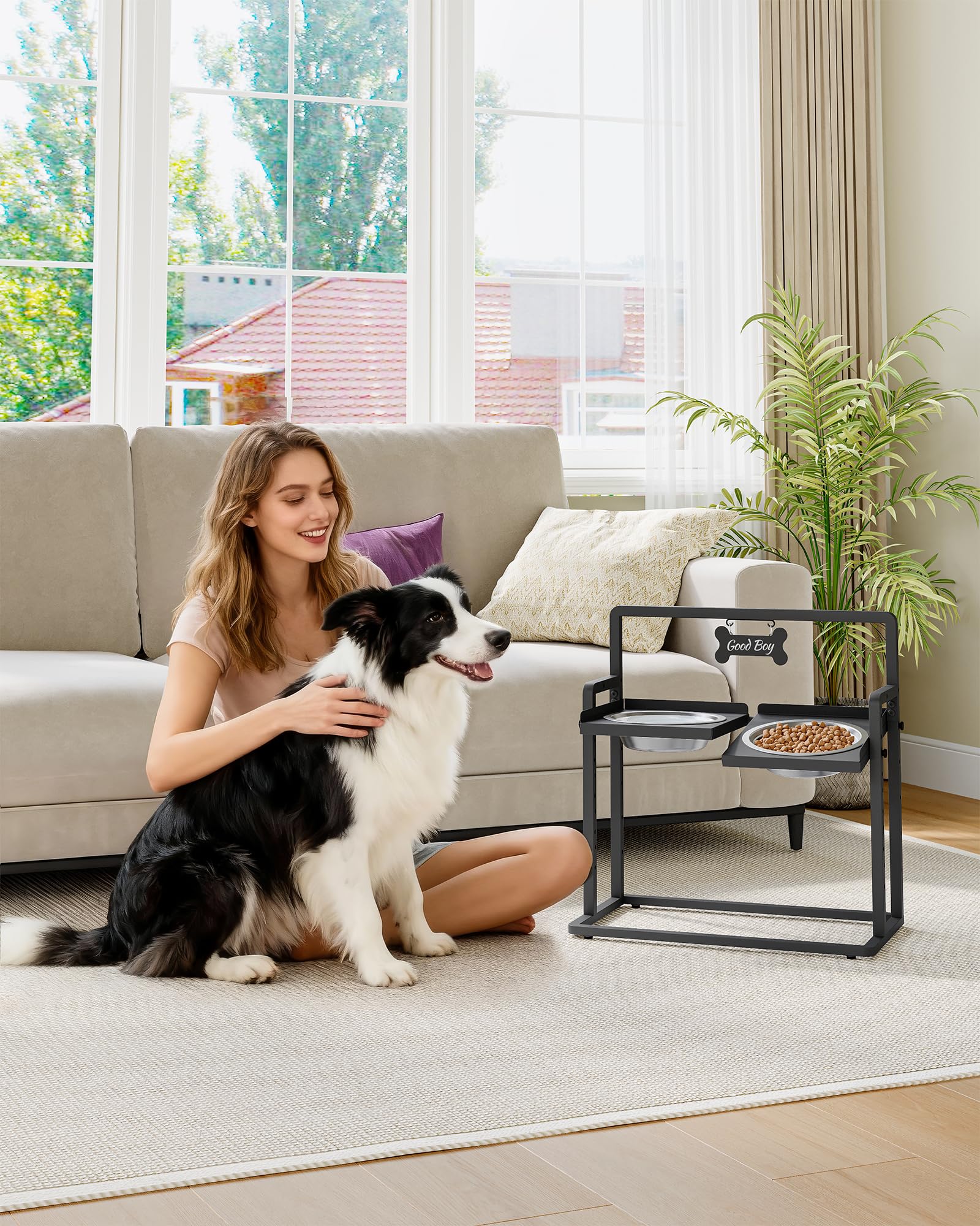 Hzuaneri Cuencos elevados para Perros, 6 tazones de Altura Ajustable con 2 Cuencos de Acero Inoxidable de 2000 ml, Comedero para Perros Grandes, Negro PB89099B